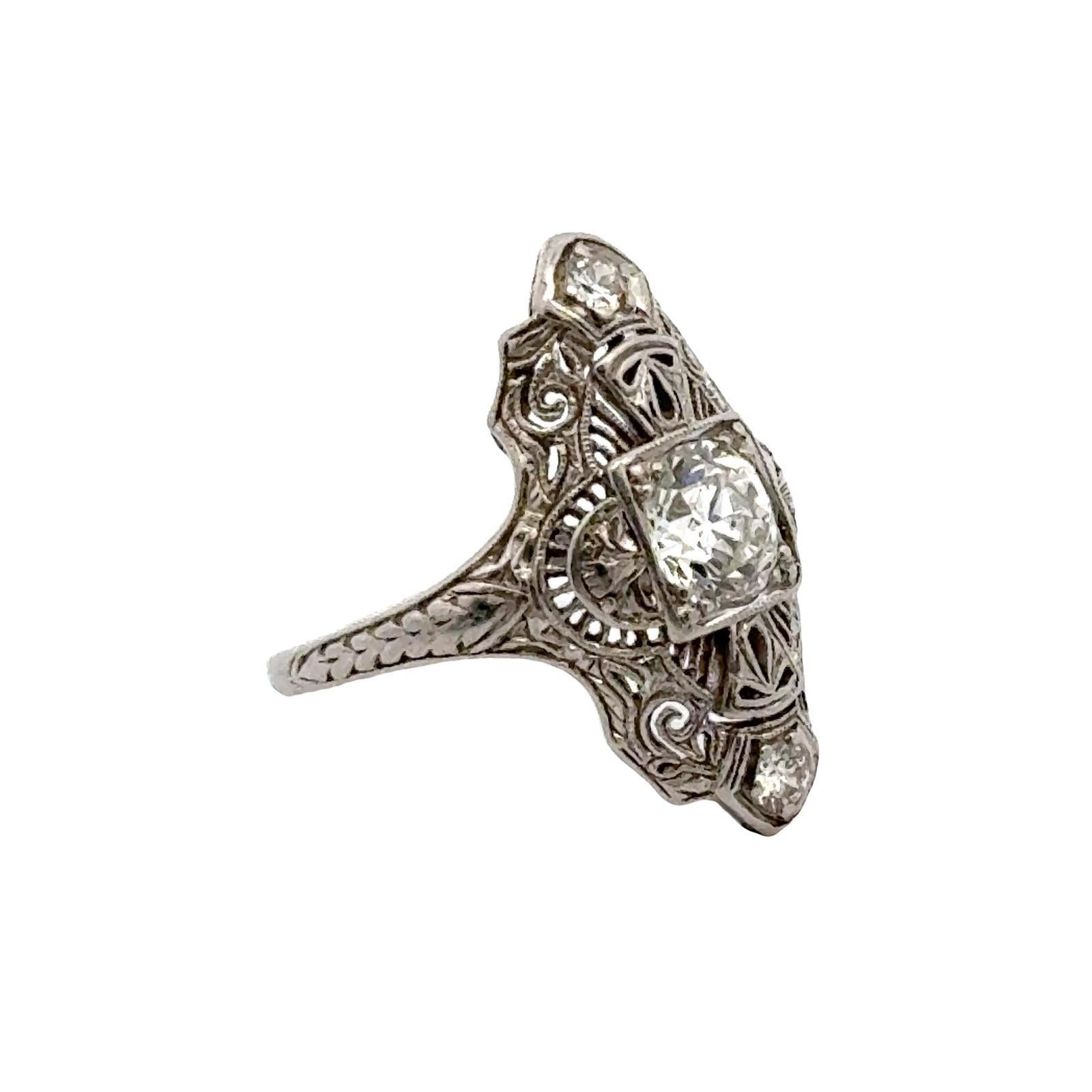 Art Deco Old European Cut Diamond Platinum Filigree Ring In Excellent Condition For Sale In Boca Raton, FL