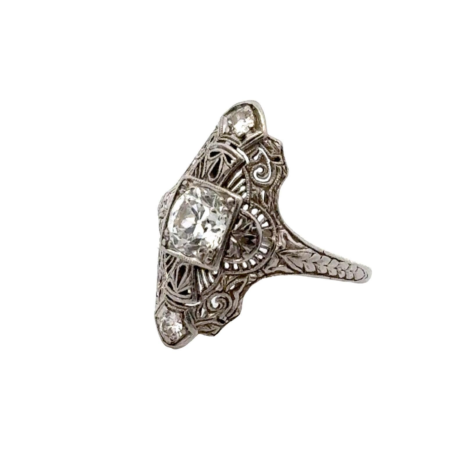 Art Deco Old European Cut Diamond Platinum Filigree Ring For Sale 1