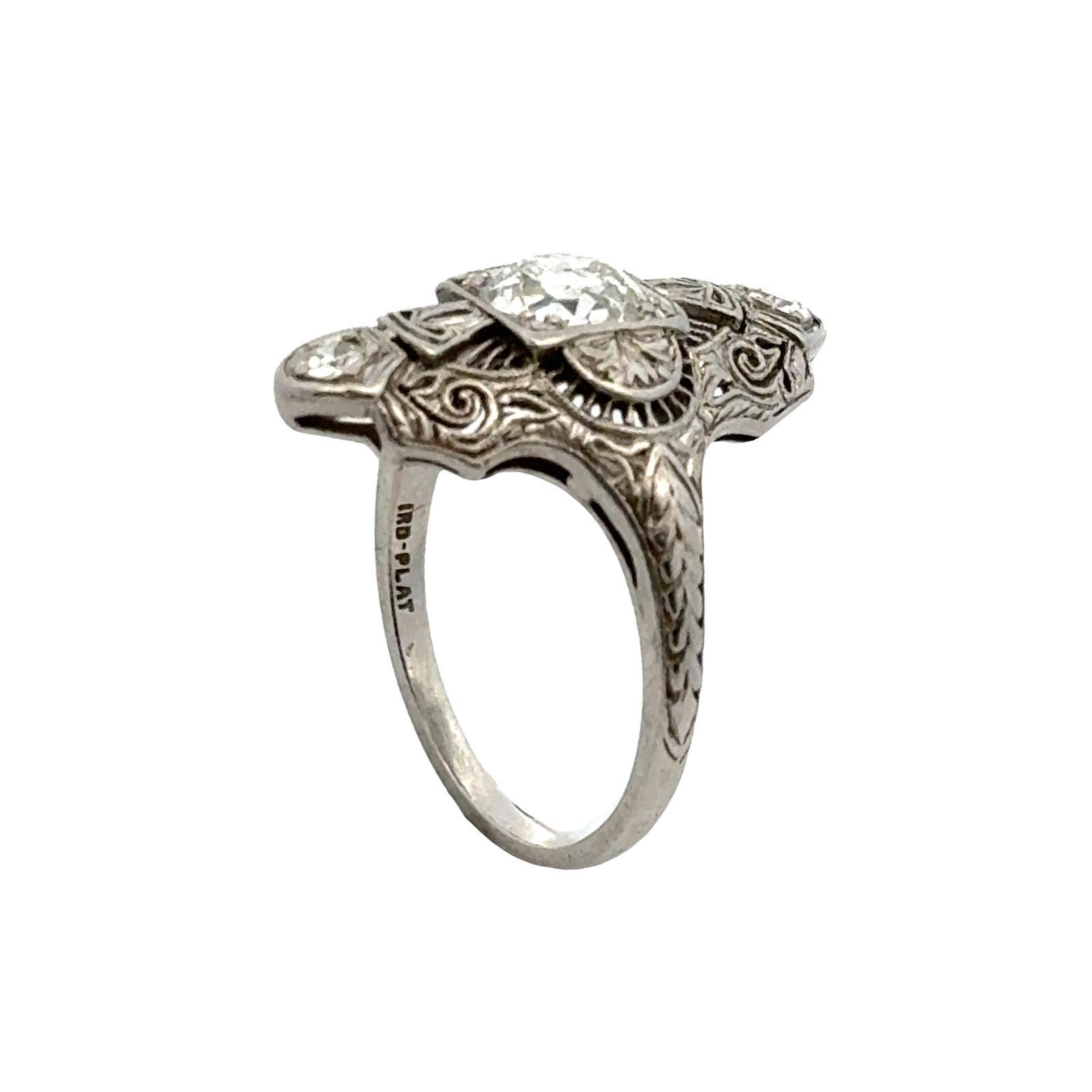 Art Deco Old European Cut Diamond Platinum Filigree Ring For Sale 2