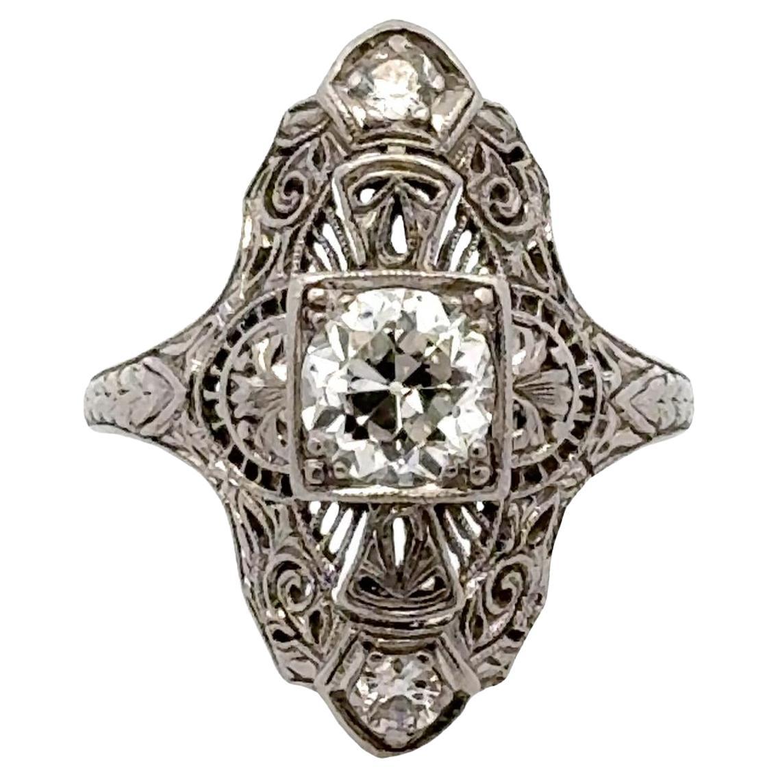 Art Deco Old European Cut Diamond Platinum Filigree Ring For Sale