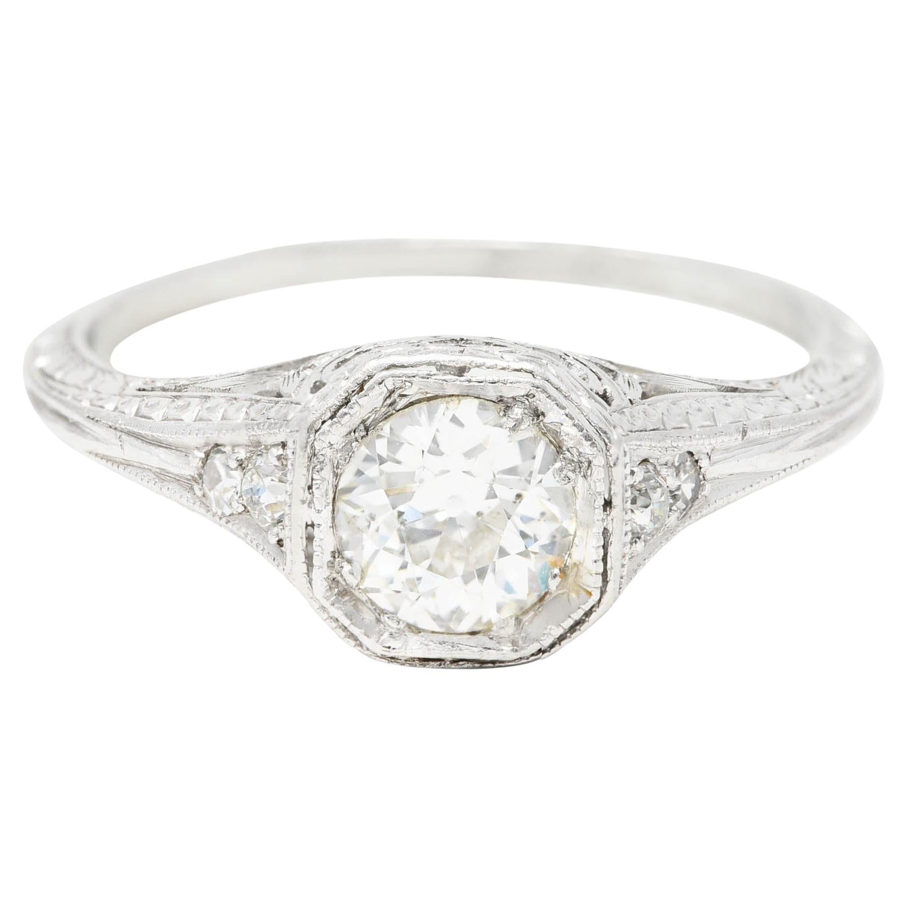 Art Deco Old European Cut Diamond Platinum Floral Antique Engagement Ring