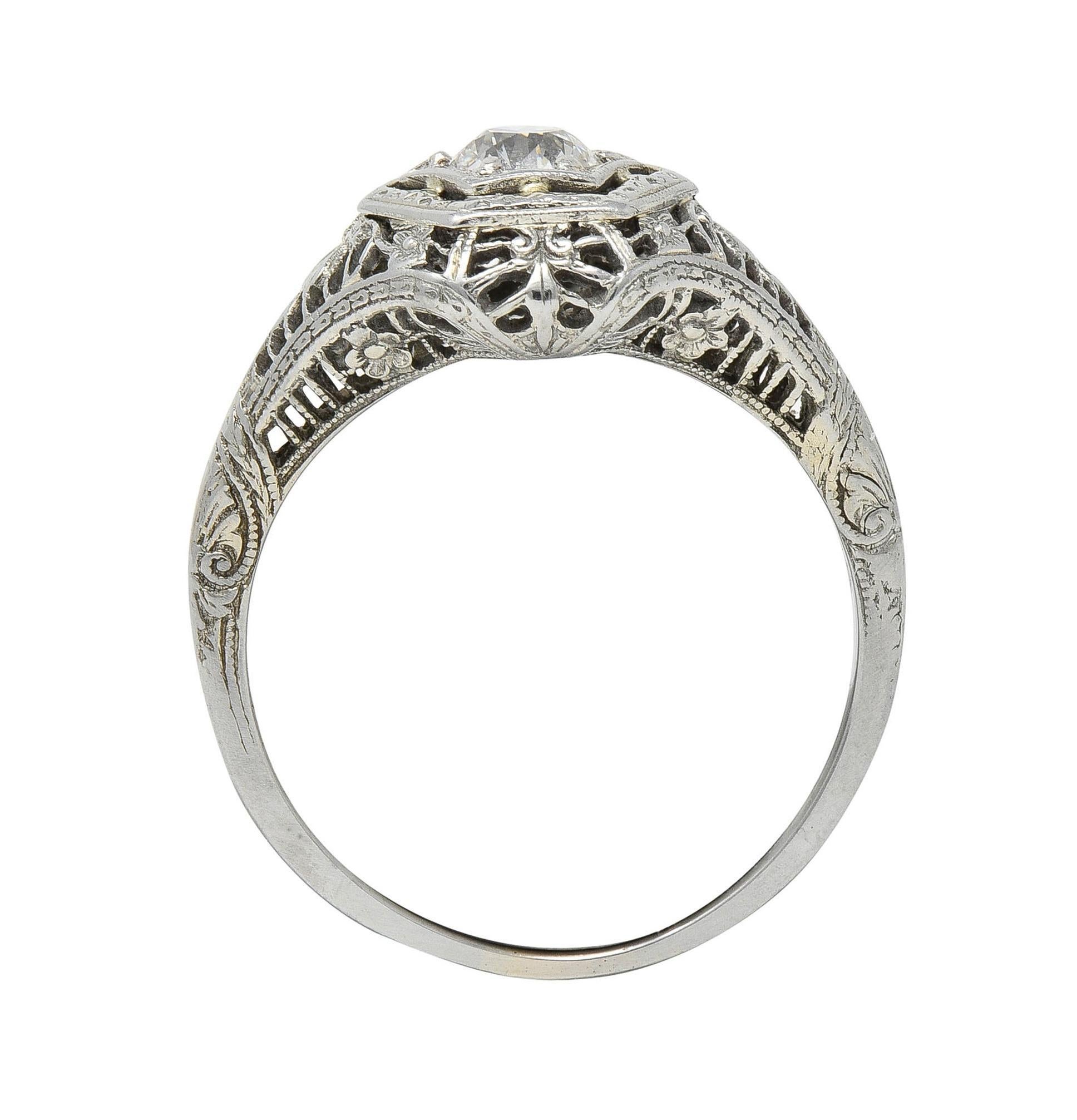 Art Deco Old European Cut Diamond Platinum Floral Vintage Engagement Ring For Sale 6