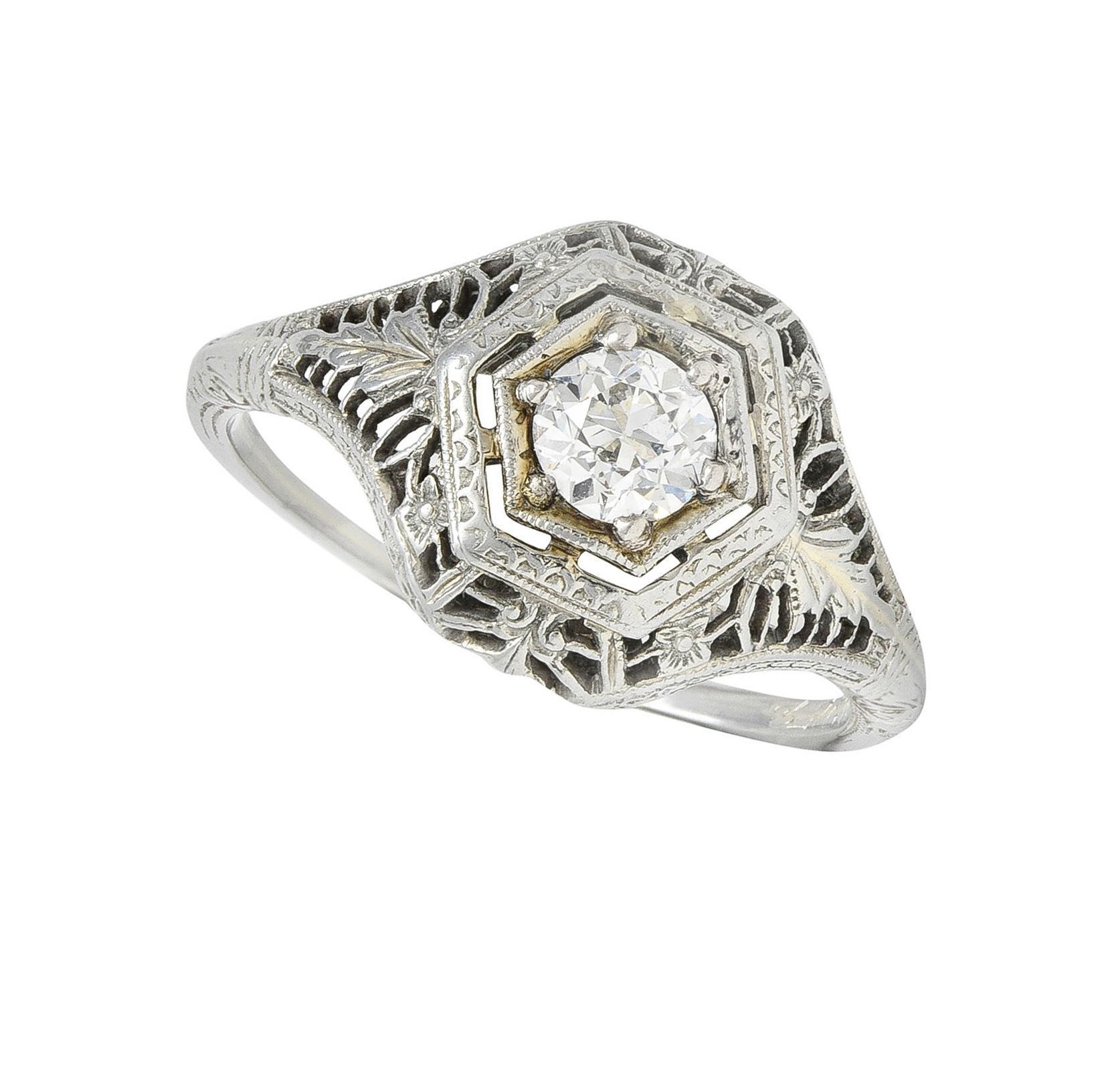 Art Deco Old European Cut Diamond Platinum Floral Vintage Engagement Ring For Sale 7