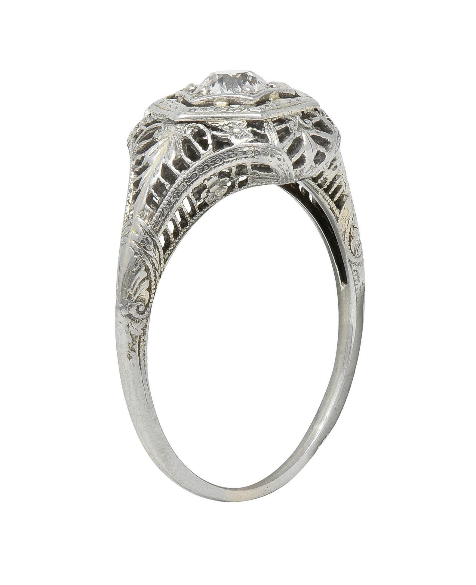 Art Deco Old European Cut Diamond Platinum Floral Vintage Engagement Ring In Excellent Condition For Sale In Philadelphia, PA