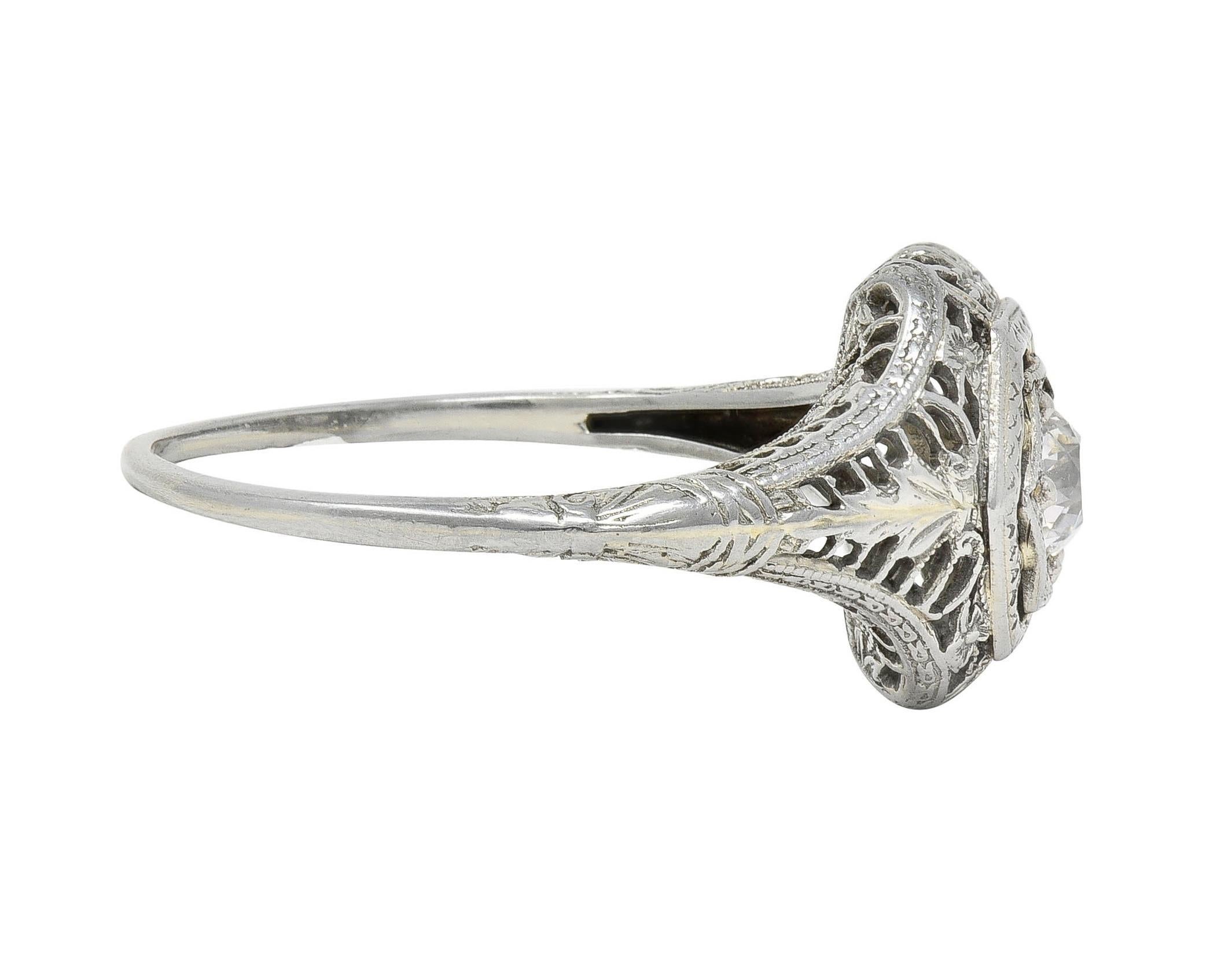 Women's or Men's Art Deco Old European Cut Diamond Platinum Floral Vintage Engagement Ring For Sale