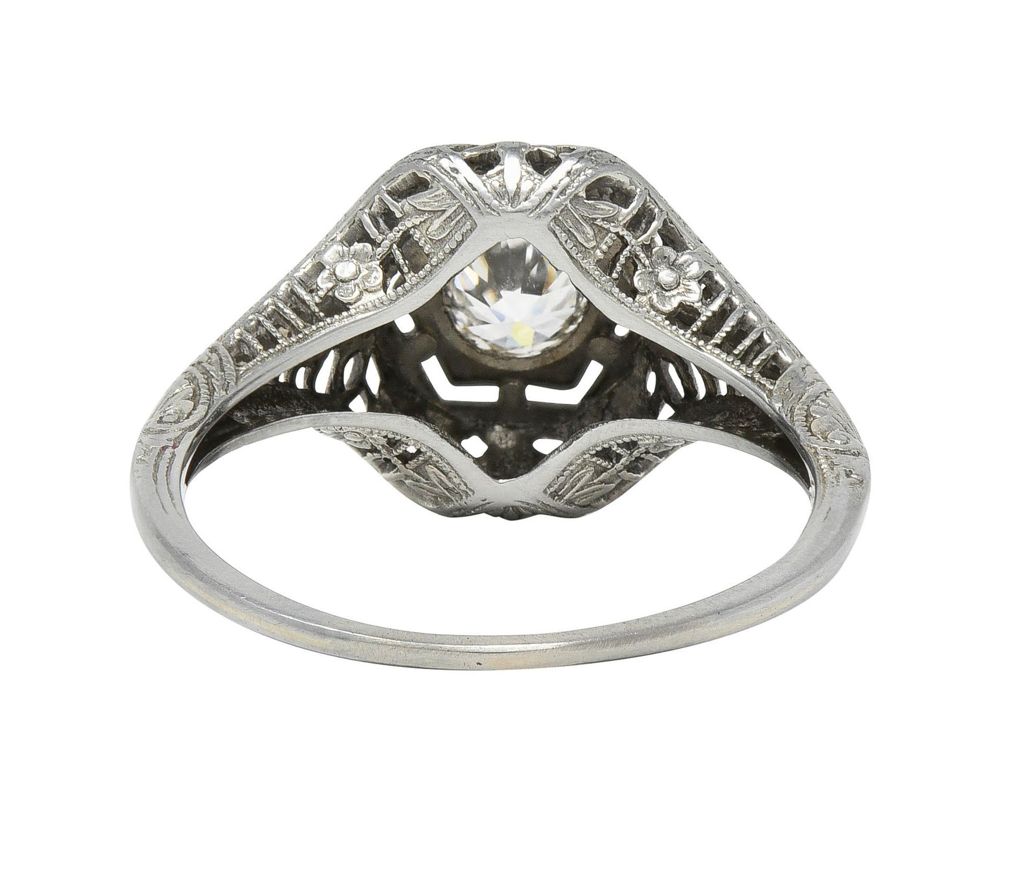 Art Deco Old European Cut Diamond Platinum Floral Vintage Engagement Ring For Sale 1