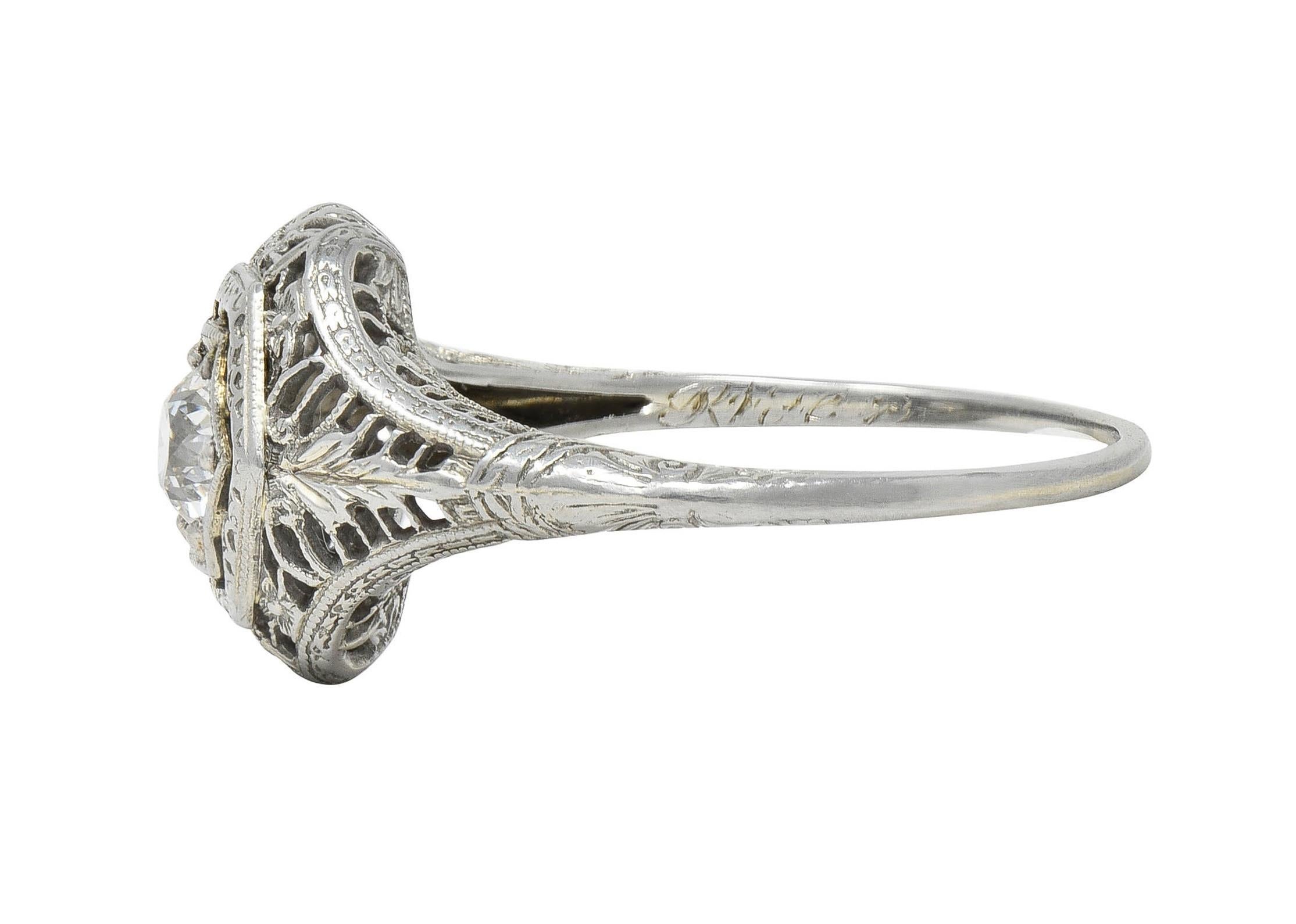 Art Deco Old European Cut Diamond Platinum Floral Vintage Engagement Ring For Sale 2