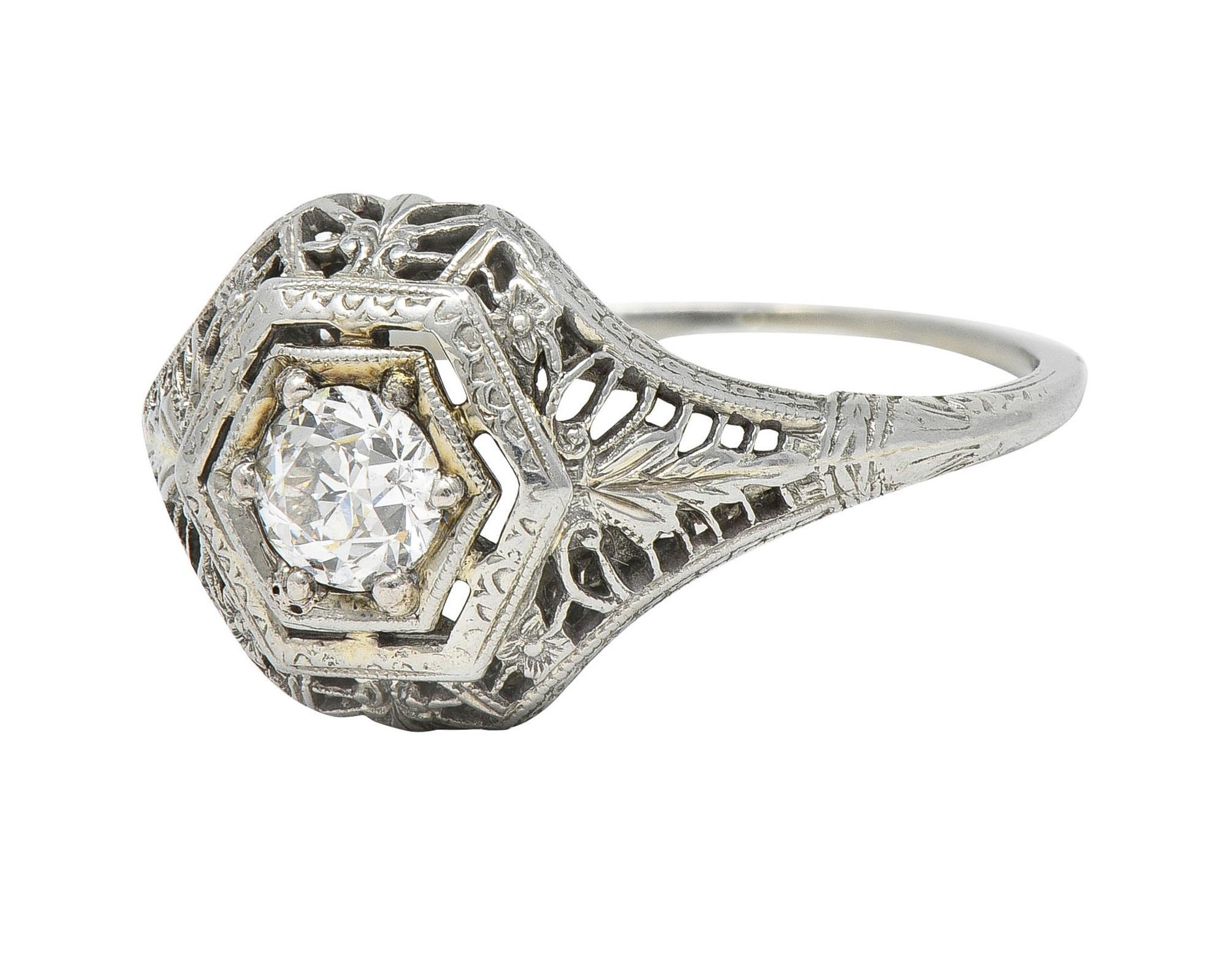 Art Deco Old European Cut Diamond Platinum Floral Vintage Engagement Ring For Sale 3