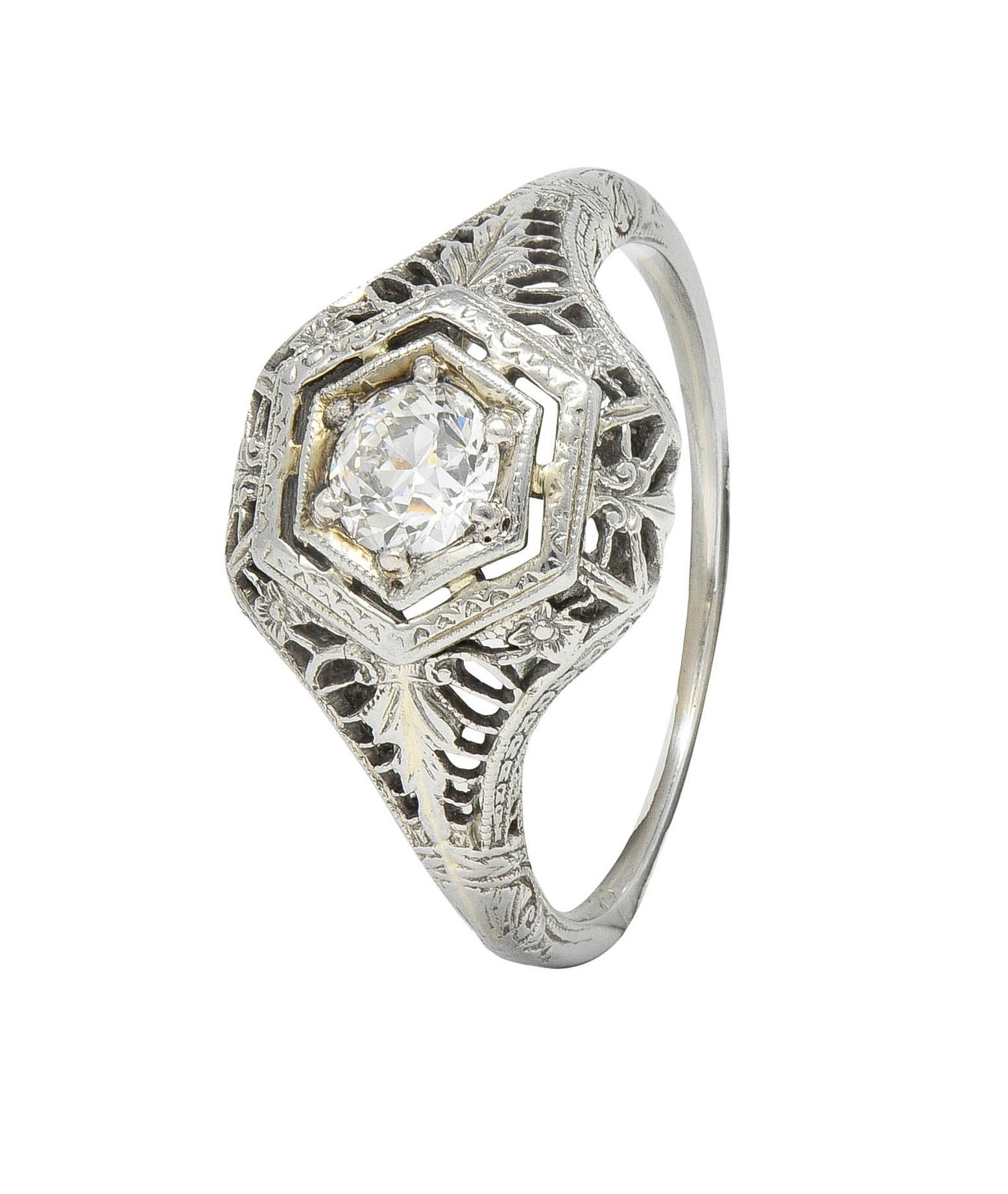 Art Deco Old European Cut Diamond Platinum Floral Vintage Engagement Ring For Sale 5