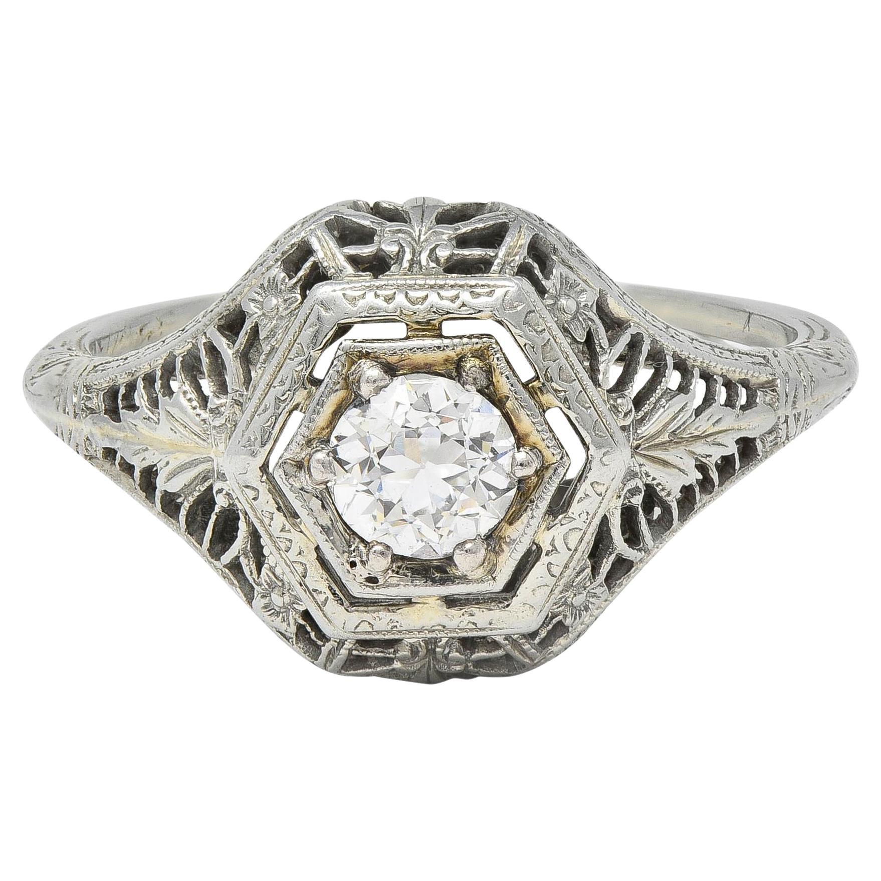 Art Deco Old European Cut Diamond Platinum Floral Vintage Engagement Ring For Sale