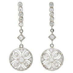 Art Deco Old European Cut Diamond Platinum Flower Drop Earrings