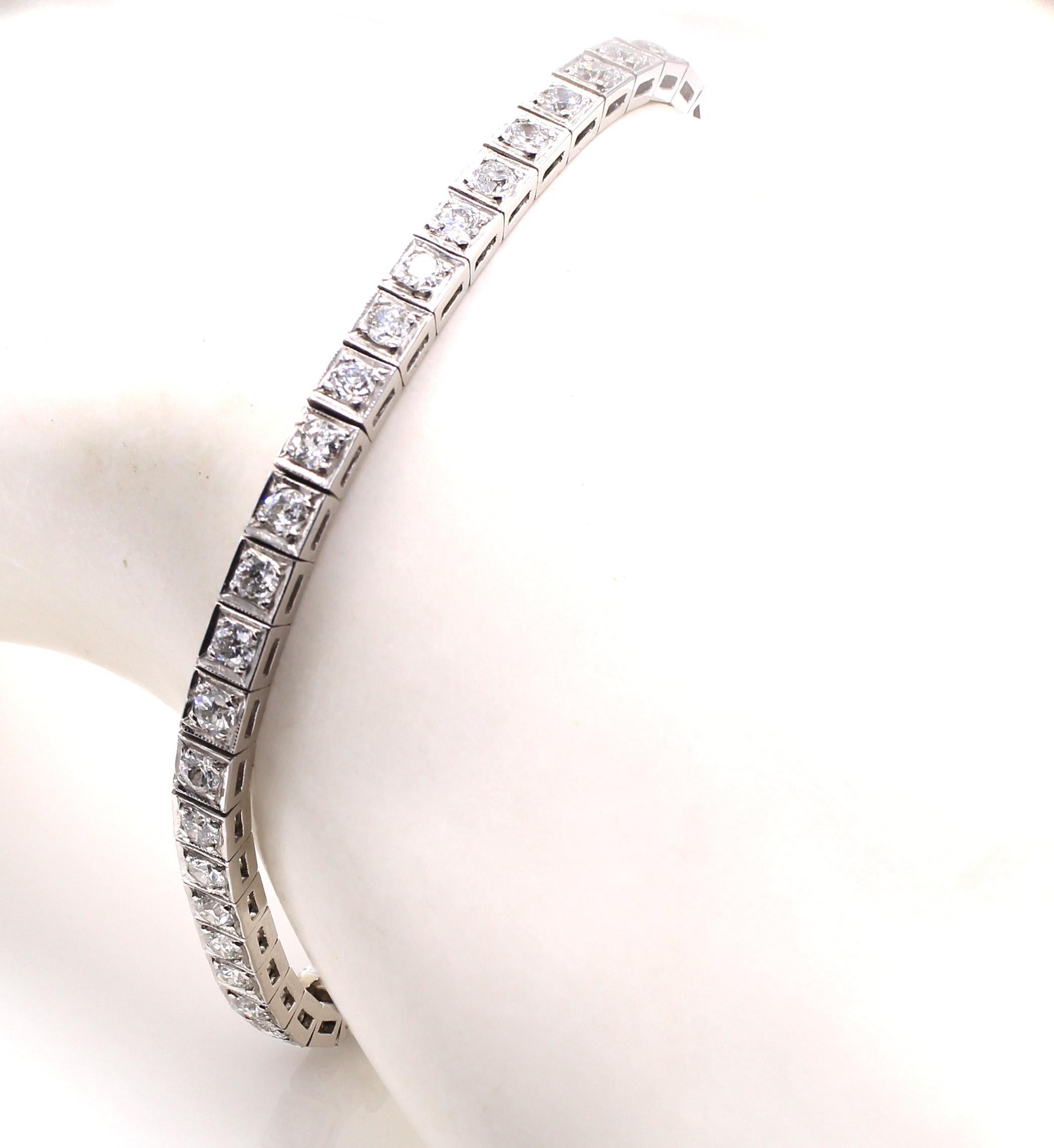 Women's or Men's Art Deco Old European Cut Diamond Platinum Line Bracelet