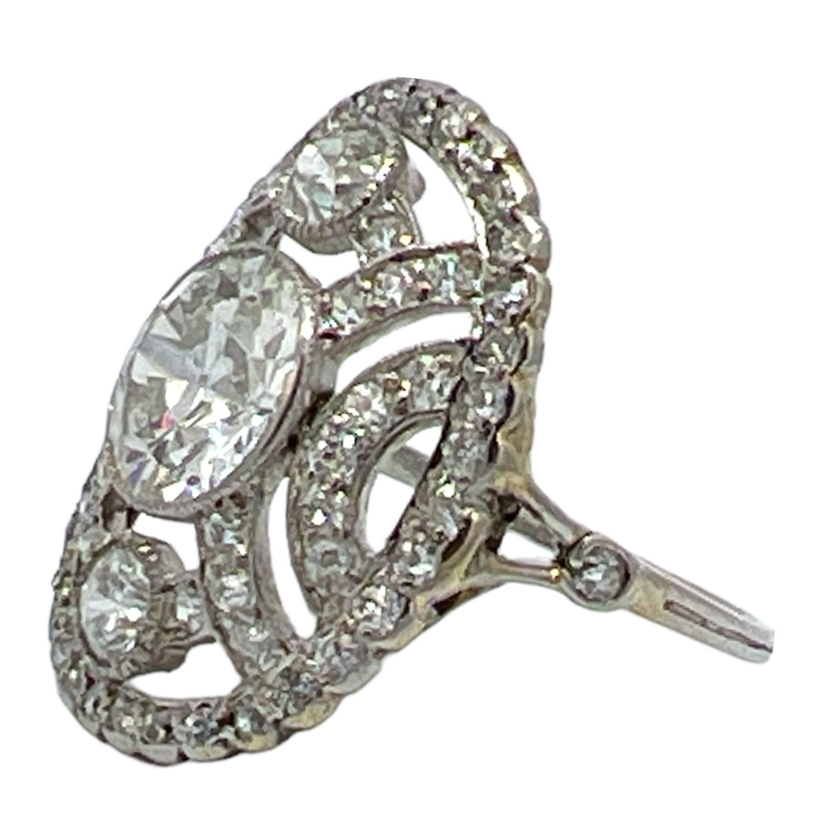 Women's Art Deco Old European Cut Diamond Platinum Oval Cocktail Estate Ring 2.75 Ctw For Sale