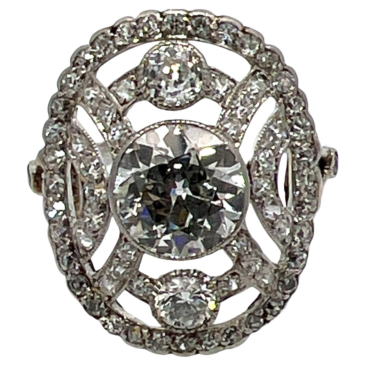 Art Deco Old European Cut Diamond Platinum Oval Cocktail Estate Ring 2.75 Ctw