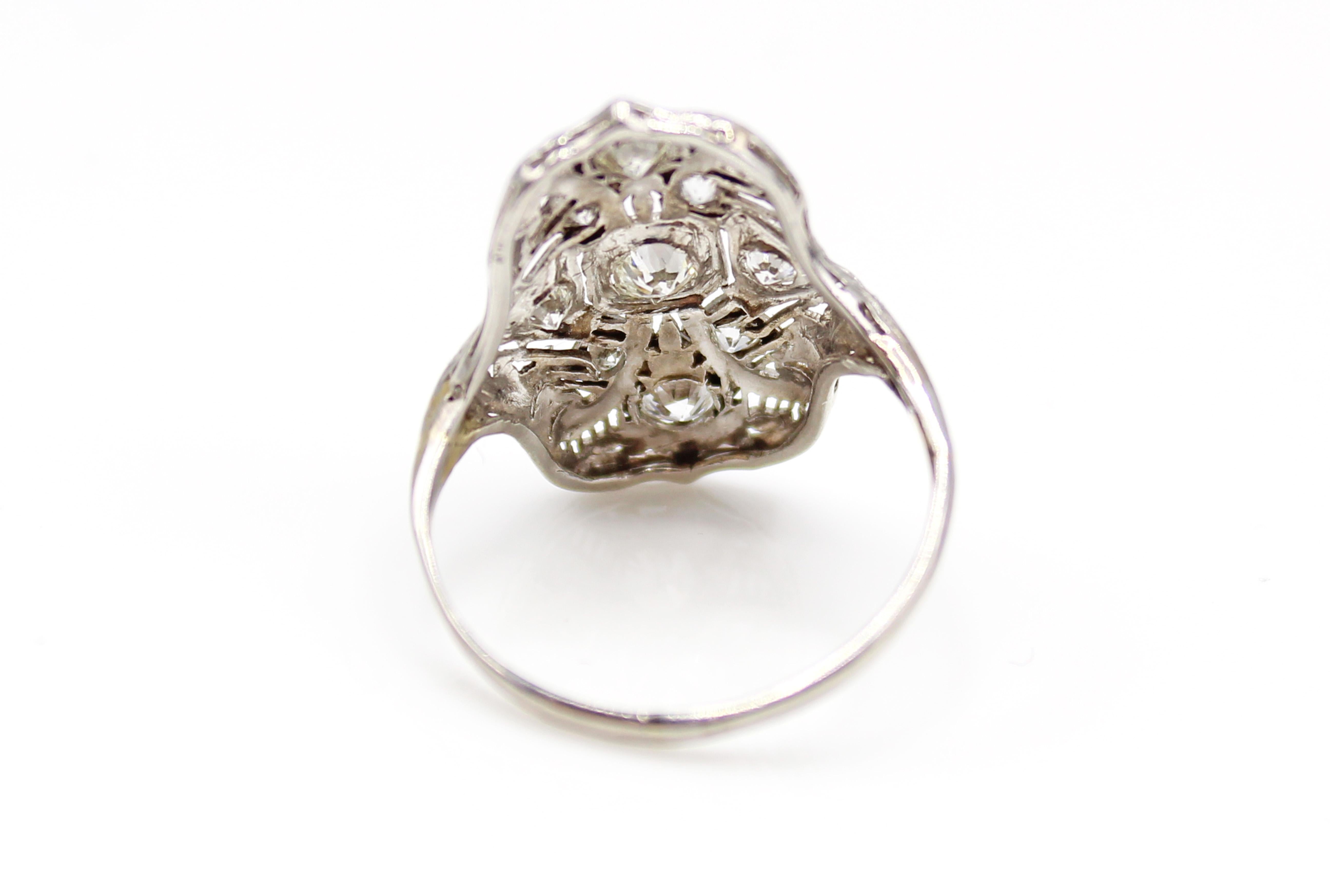 Art Deco Old European Cut Diamond Platinum Ring In Excellent Condition In New York, NY