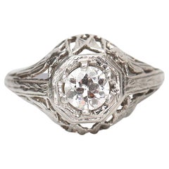 Antique Art Deco Old European Cut Diamond Platinum Solitaire Engagement Carved Love Bird