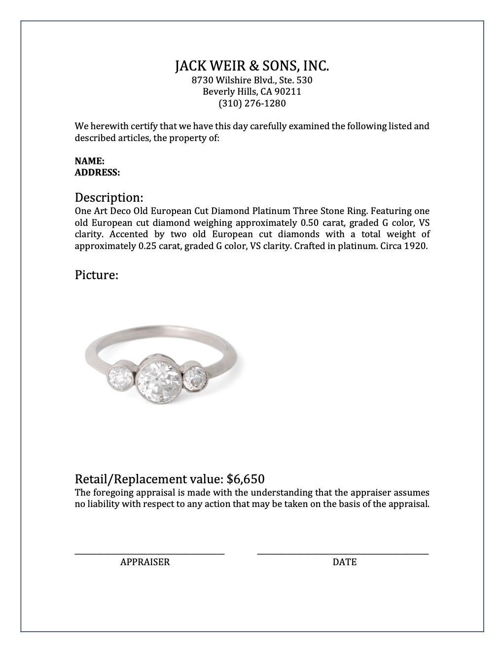 Art Deco Old European Cut Diamond Platinum Three Stone Ring 3