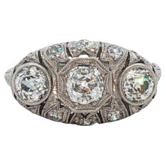 Art Deco Old European Cut Diamond Platinum Three Stone Ring