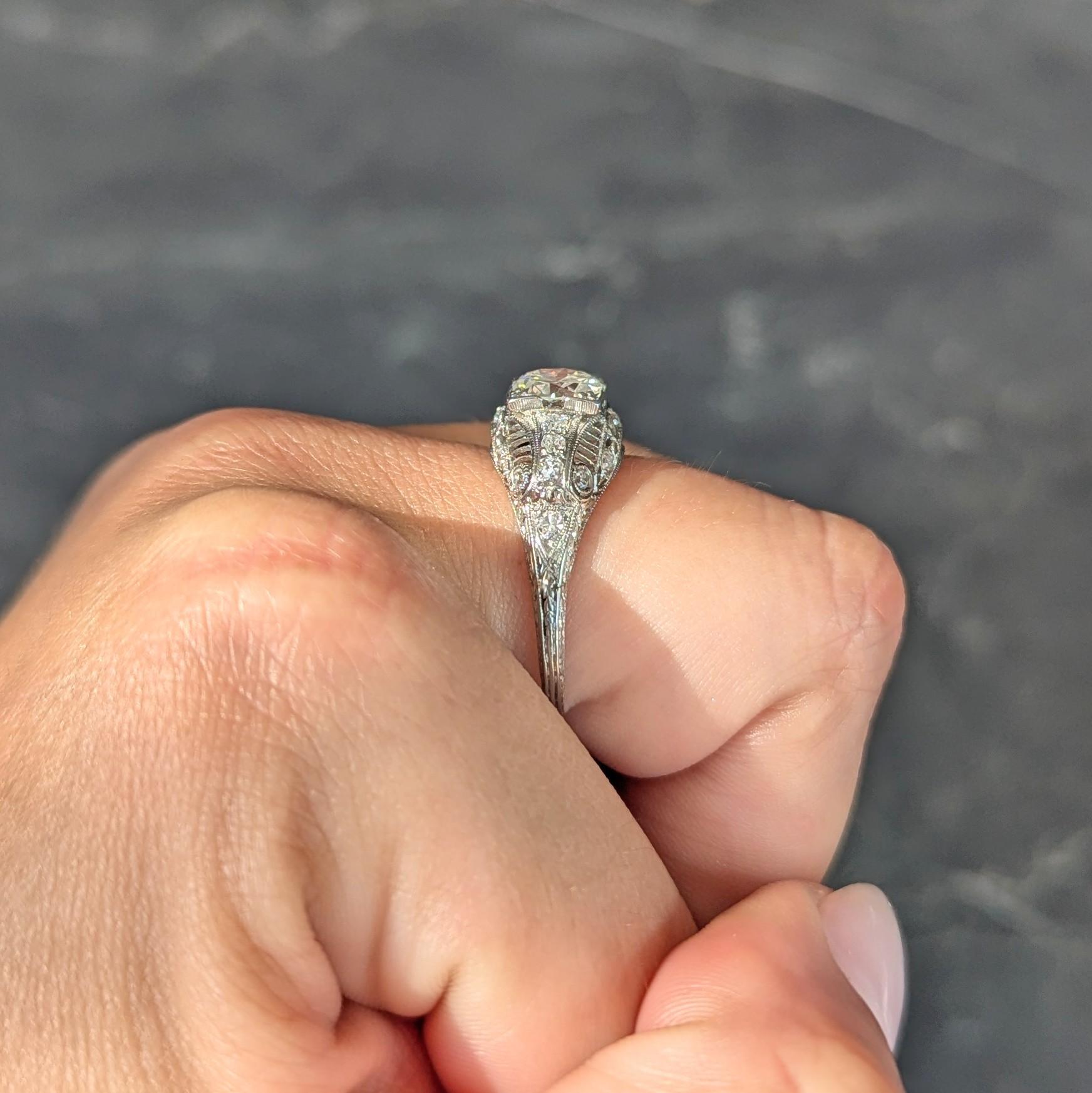 Art Deco Old European Cut Diamant Platin Vintage Bombé Weizen Verlobungsring im Angebot 6