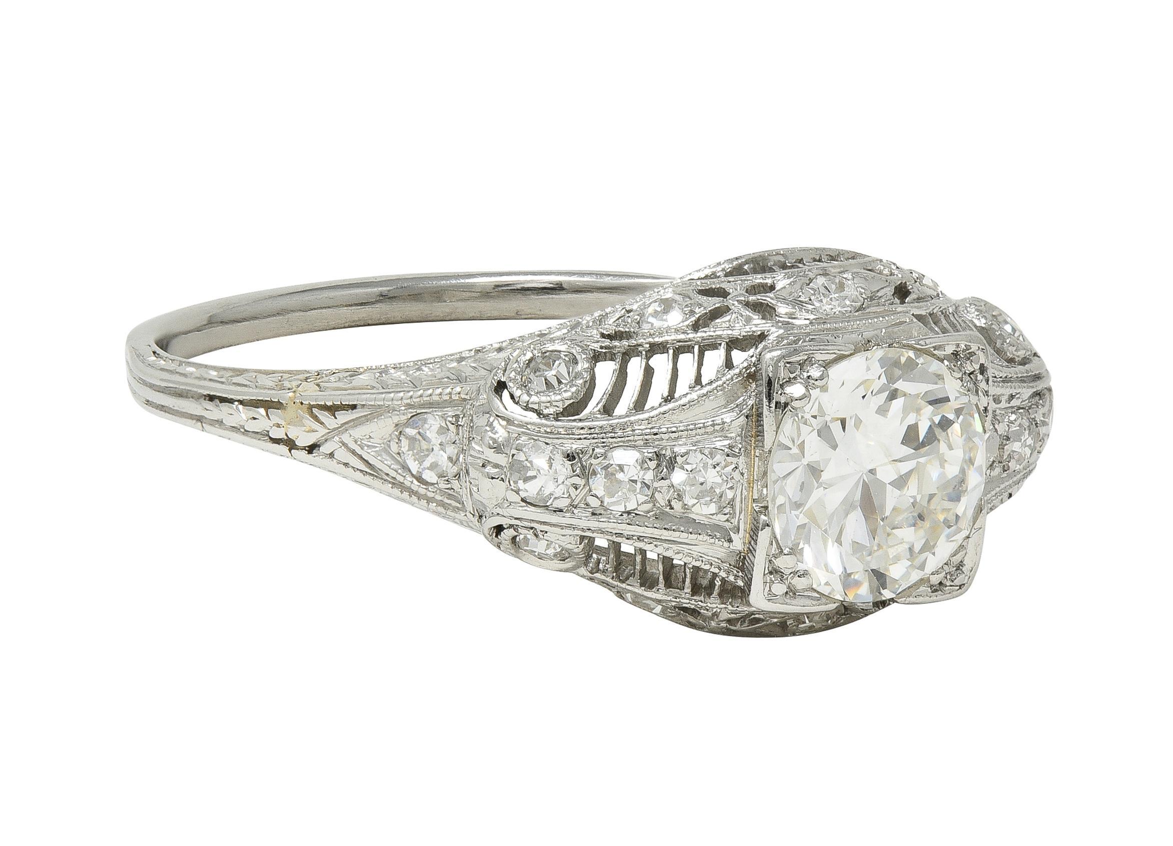 Art Deco Old European Cut Diamant Platin Vintage Bombé Weizen Verlobungsring (Alteuropäischer Schliff) im Angebot
