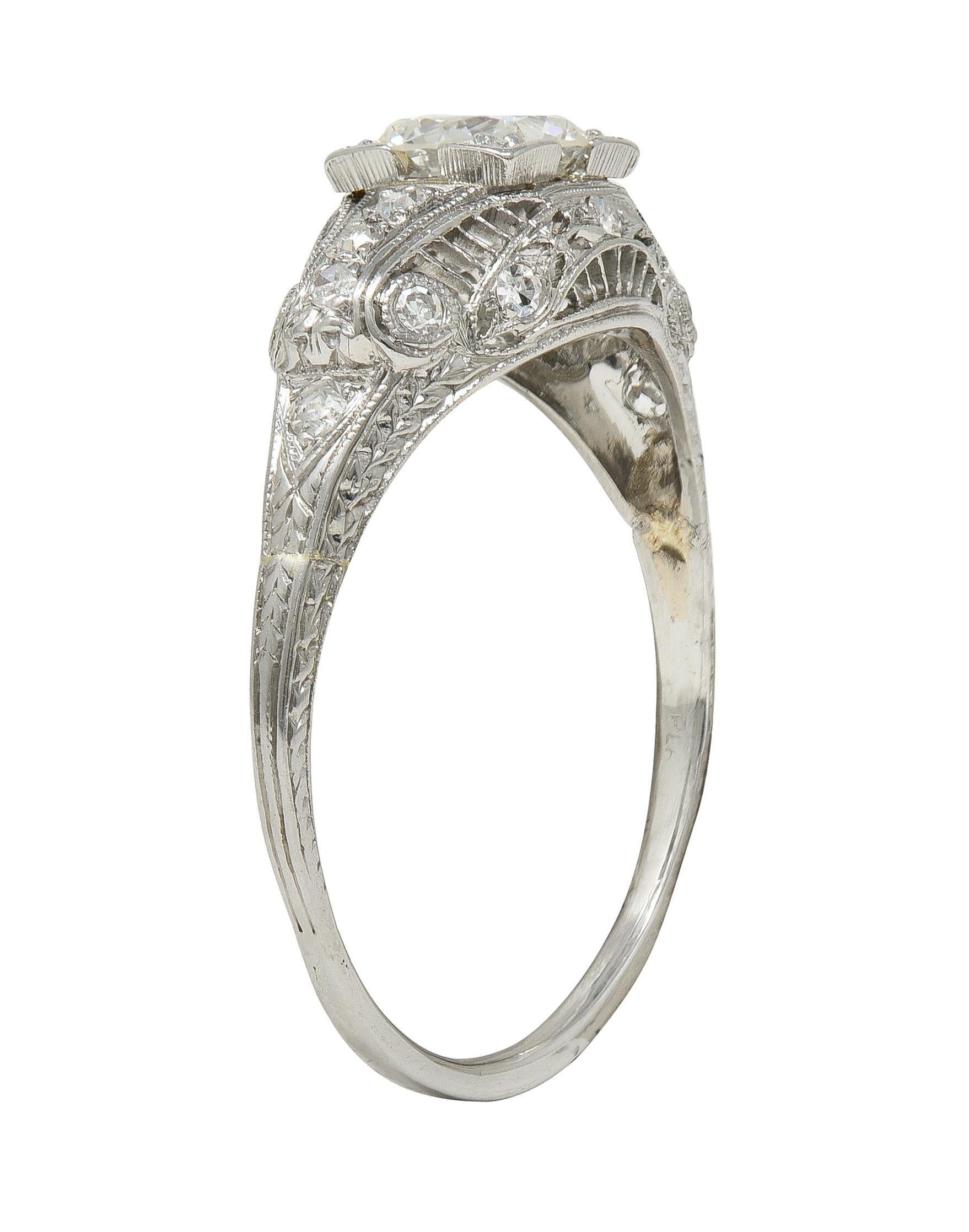 Art Deco Old European Cut Diamant Platin Vintage Bombé Weizen Verlobungsring im Angebot 3