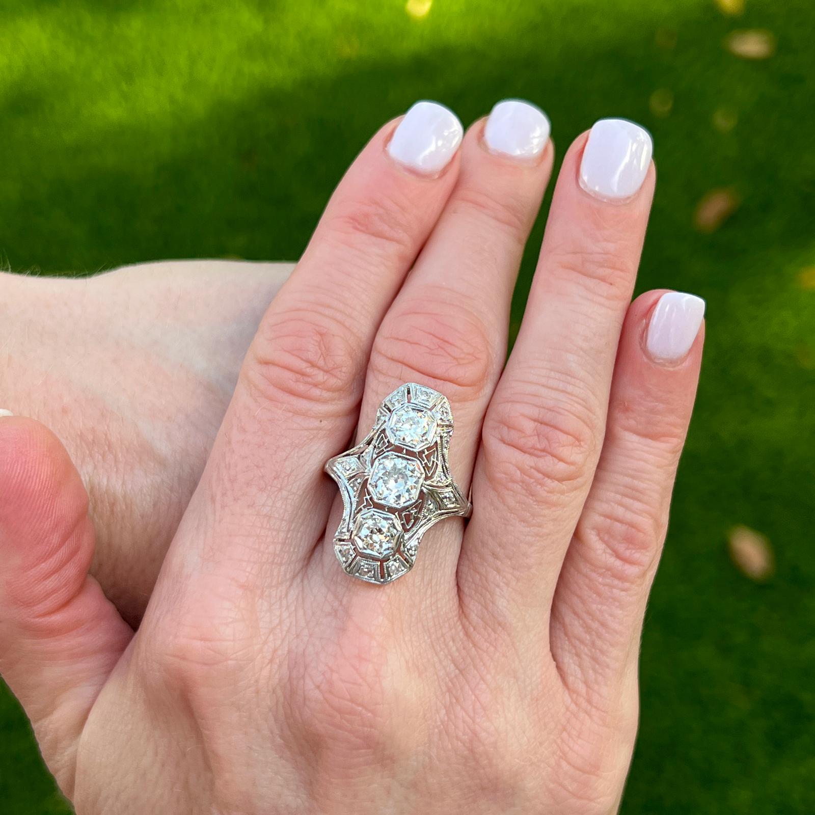 Art Deco Old European Cut Diamond Platinum Vintage Filigree Cocktail Ring  In Excellent Condition In Boca Raton, FL