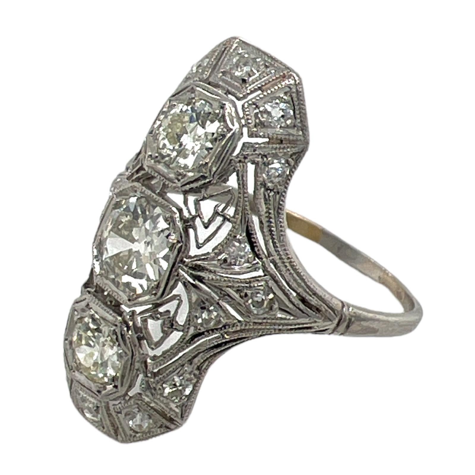Women's Art Deco Old European Cut Diamond Platinum Vintage Filigree Cocktail Ring 