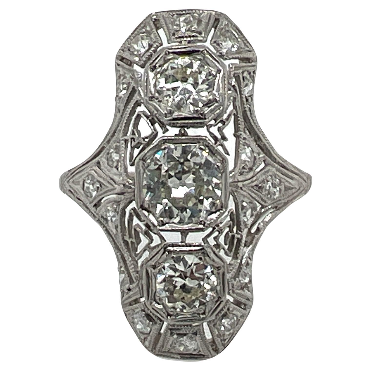 Art Deco Old European Cut Diamond Platinum Vintage Filigree Cocktail Ring 