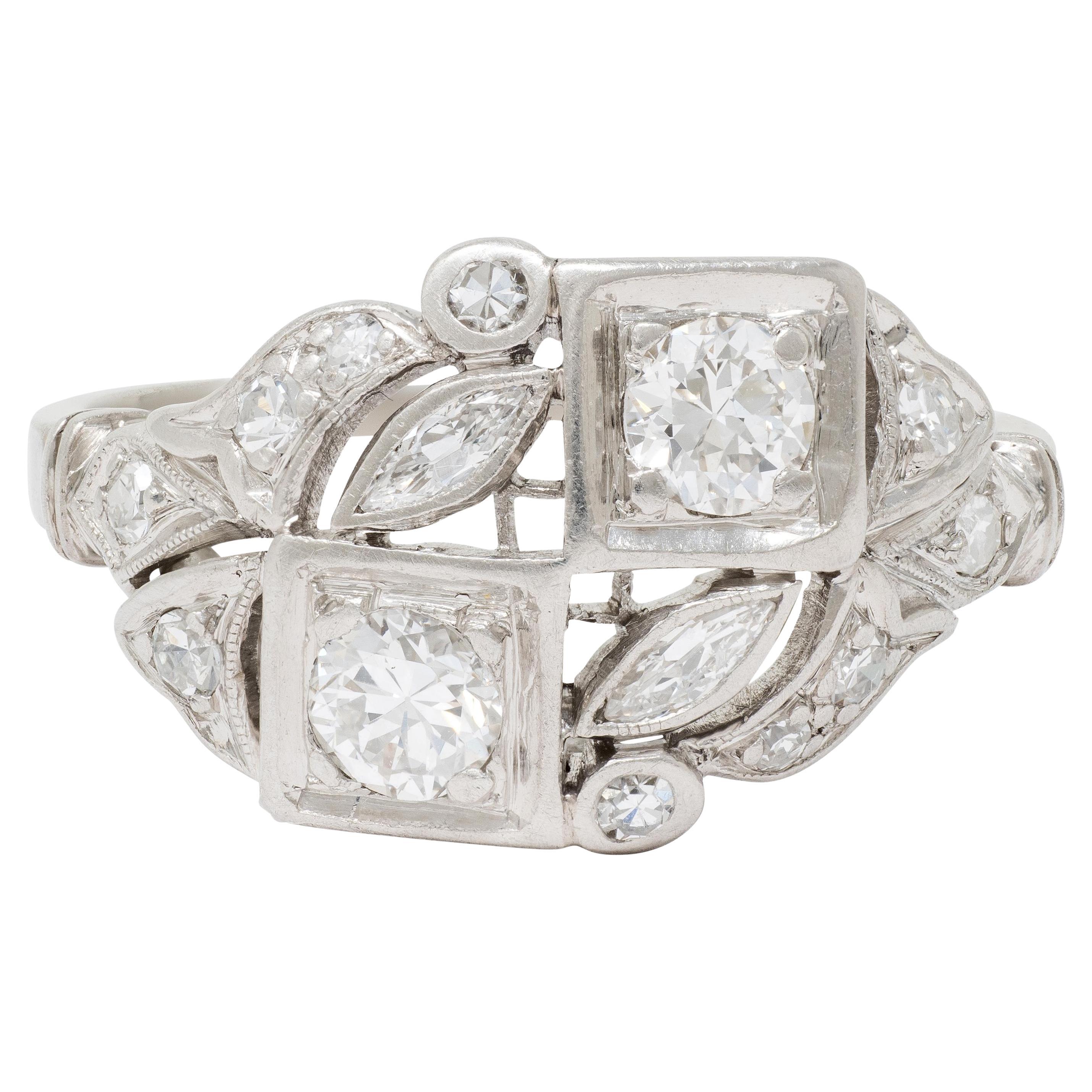 Art Deco Old European Cut Diamond Platinum Vintage Foliate Cluster Ring For Sale