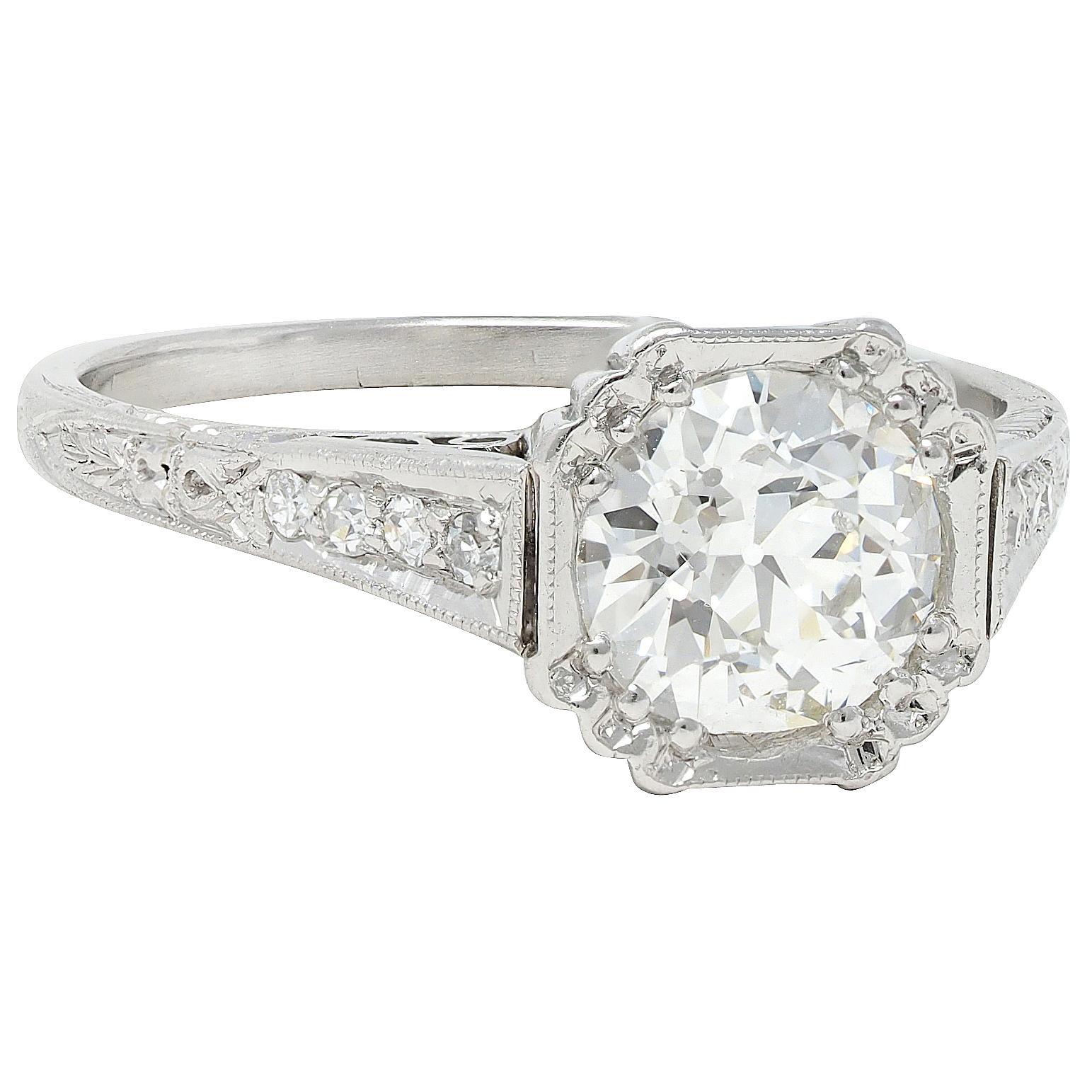 Art Deco Old European Cut Diamond Platinum Vintage Greek Key Verlobungsring (Art déco)