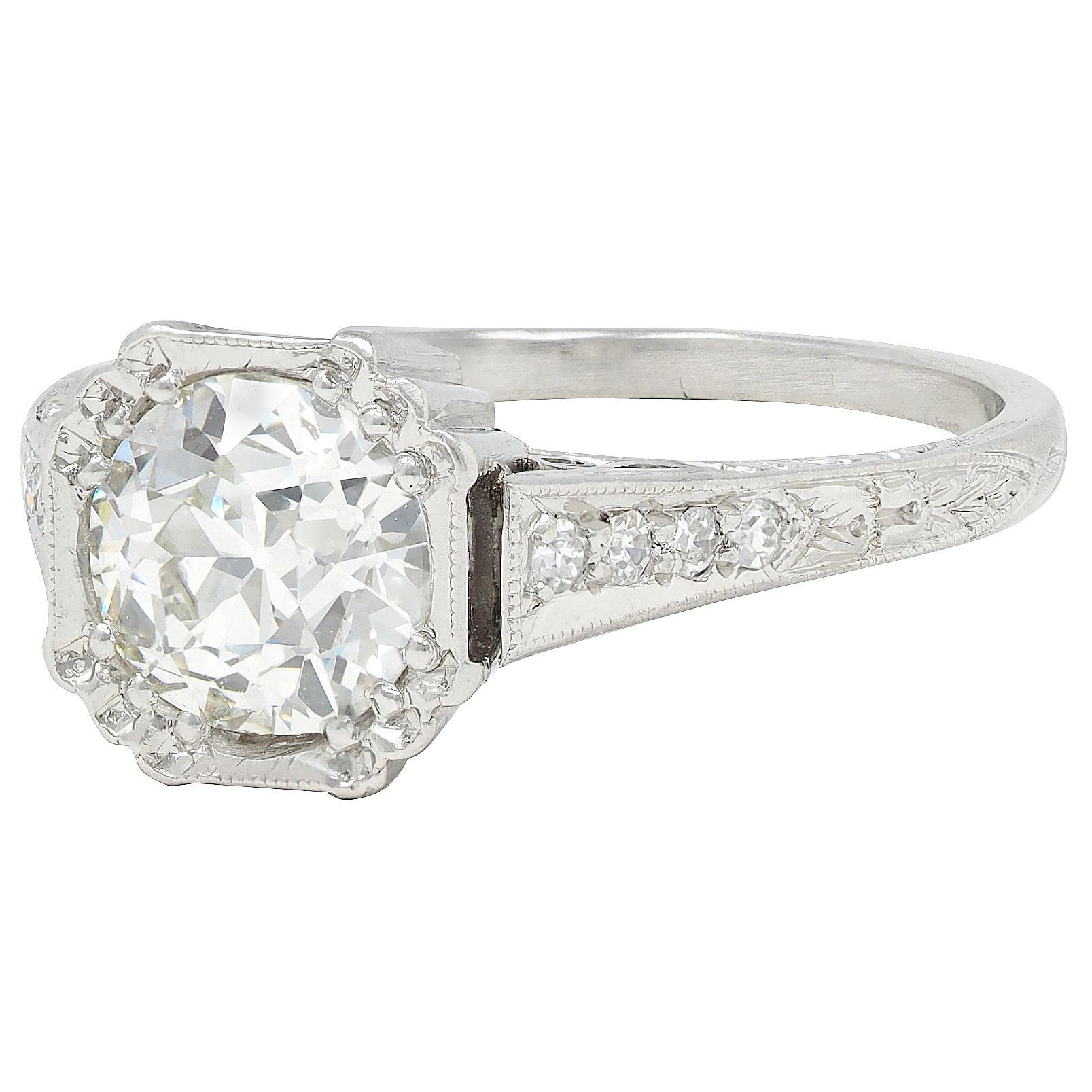 Art Deco Old European Cut Diamond Platinum Vintage Greek Key Verlobungsring 1