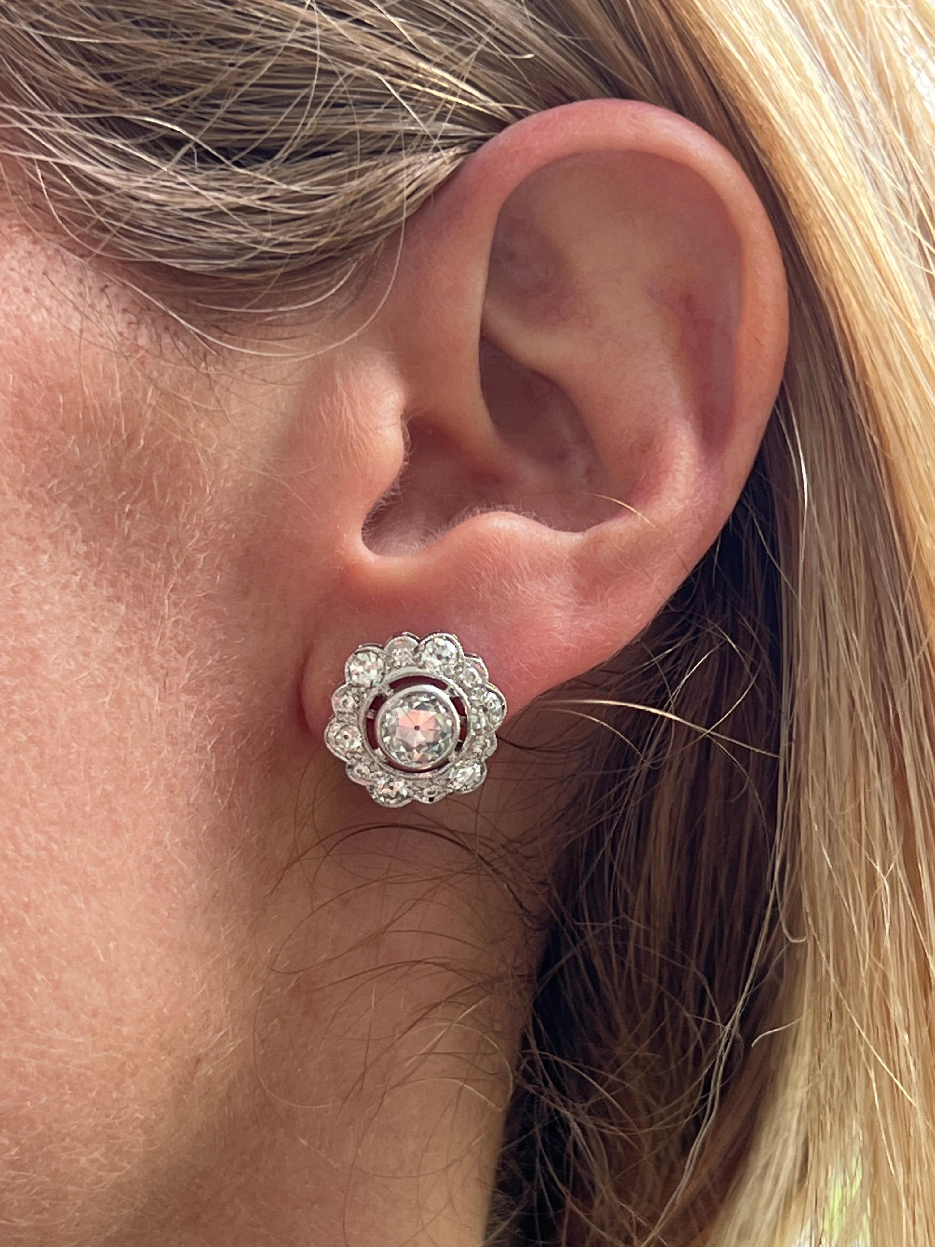 Art Deco Old European Cut Diamond Platinum Vintage Stud Earrings at