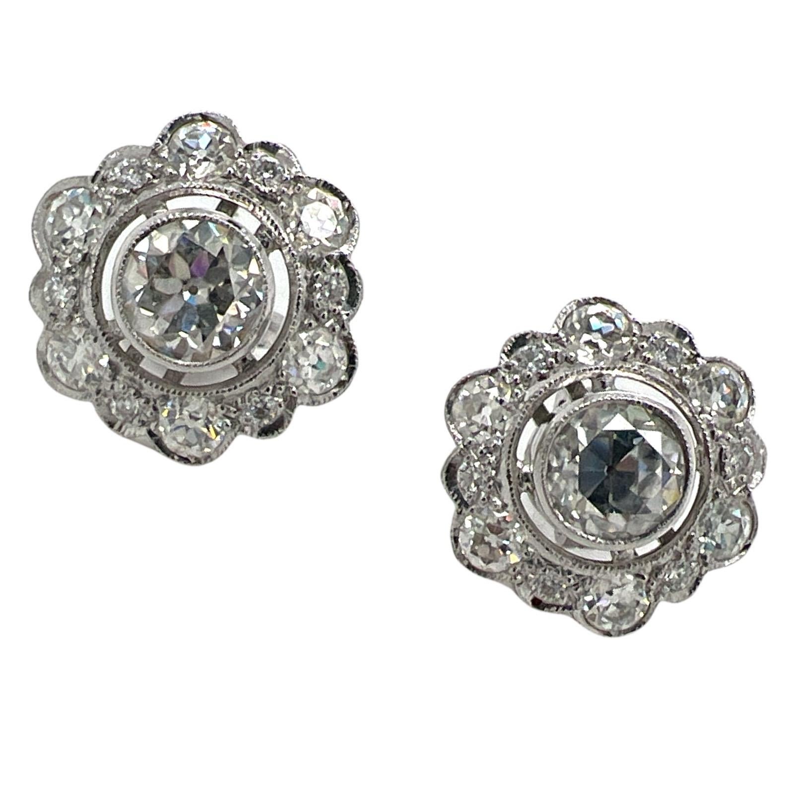 Art Deco Old European Cut Diamond Platinum Vintage Stud Earrings at ...