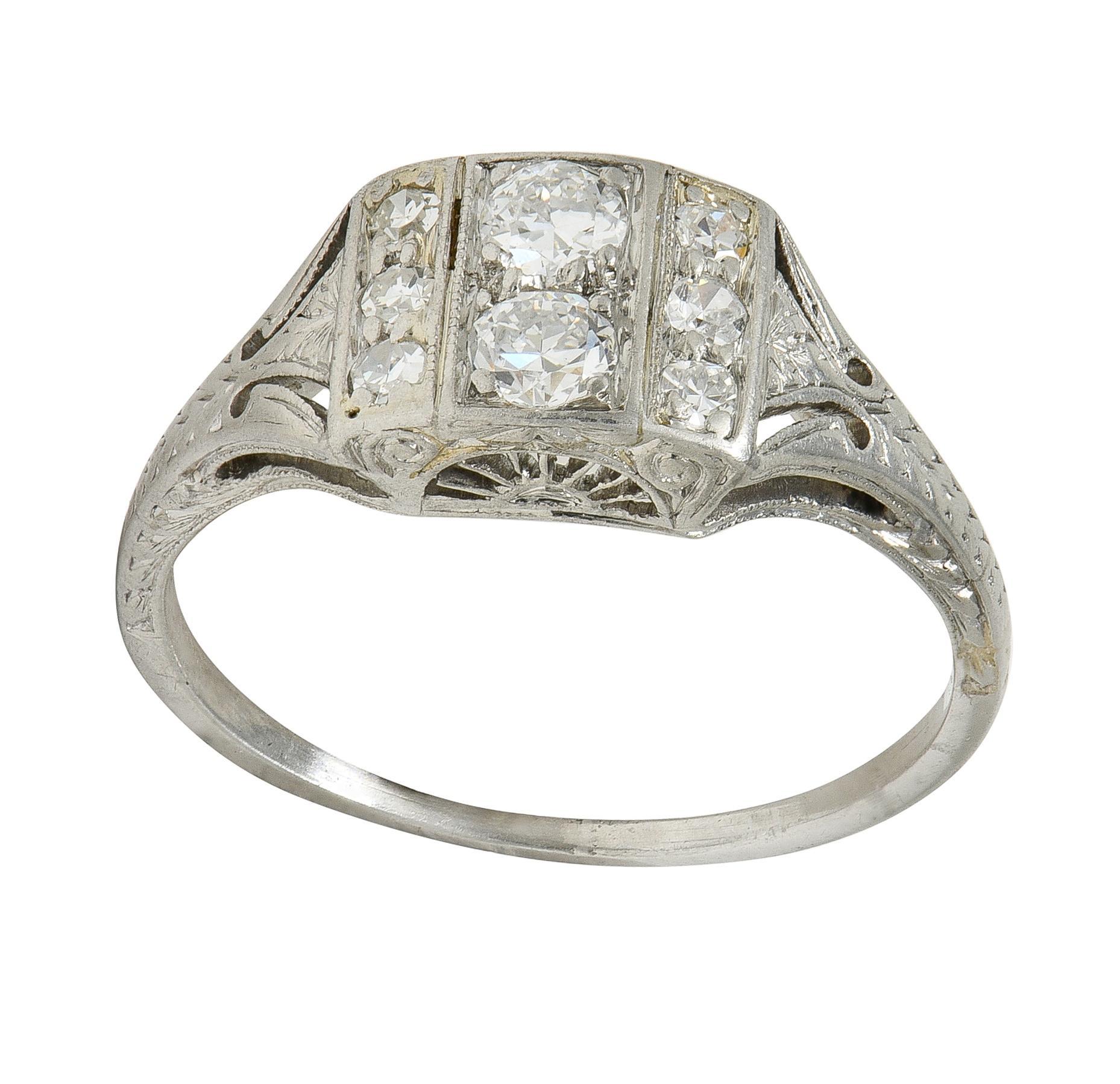 Art Deco Old European Cut Diamond Platinum Vintage Wheat Cluster Dinner Ring For Sale 3