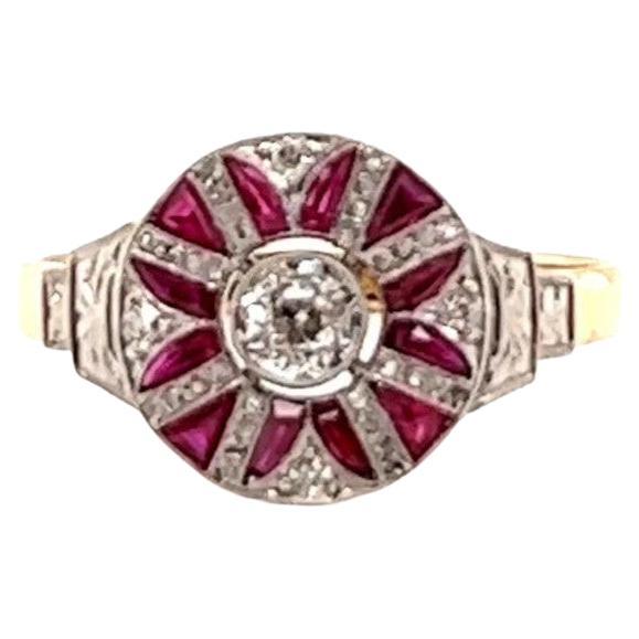 Art Deco Old European Cut Diamond Ruby 18 Karat Yellow Gold Platinum Ring 2
