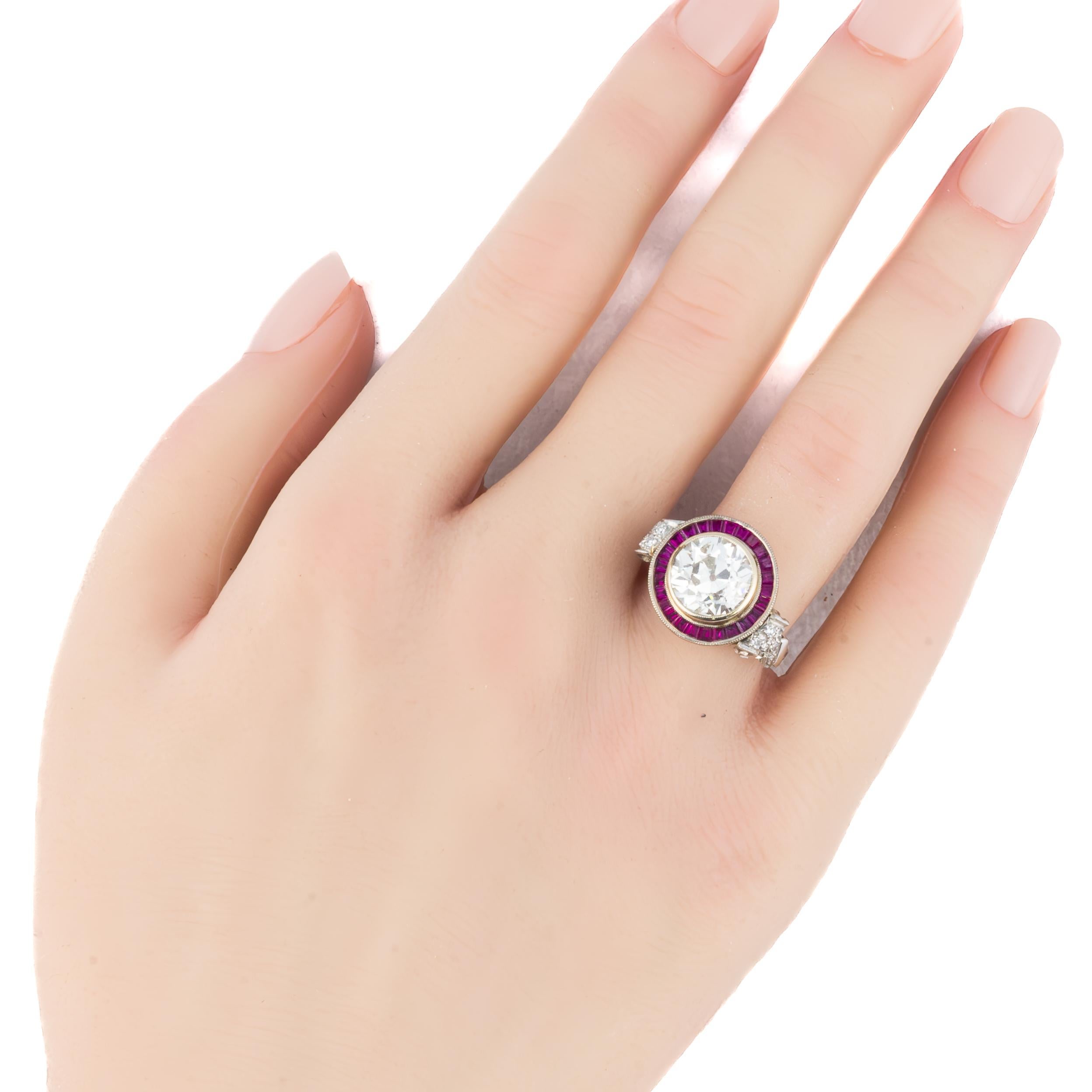 Old European Cut Art Deco Rose Cut Diamond Ruby Halo Engagement Ring For Sale