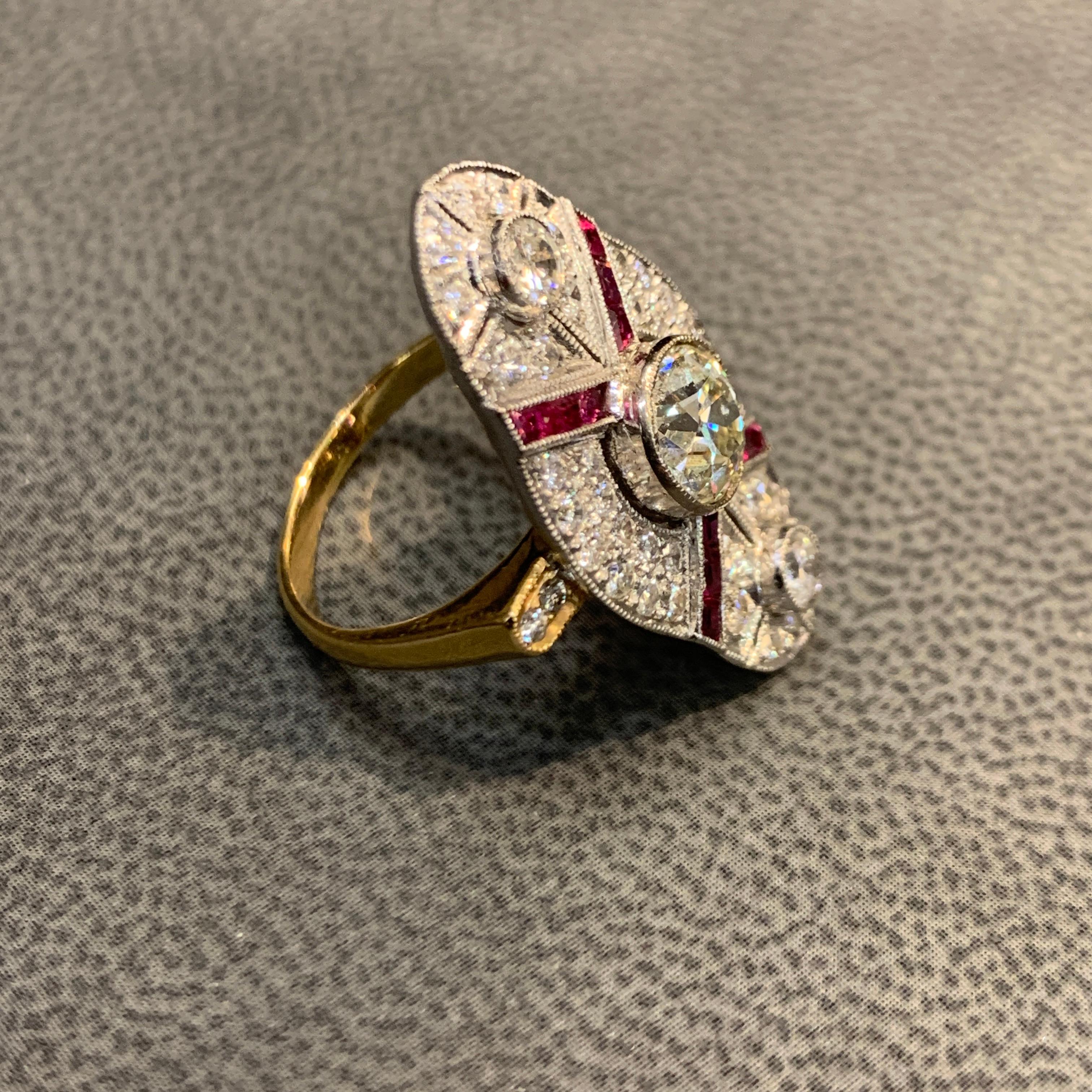 De las mujeres Anillo Art Déco Navette de Rubí y Diamante talla europea antigua en venta
