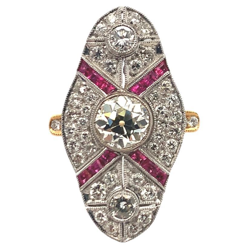 Anillo Art Déco Navette de Rubí y Diamante talla europea antigua en venta