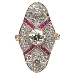 Art Deco Old European Cut Diamond & Ruby Navette Ring