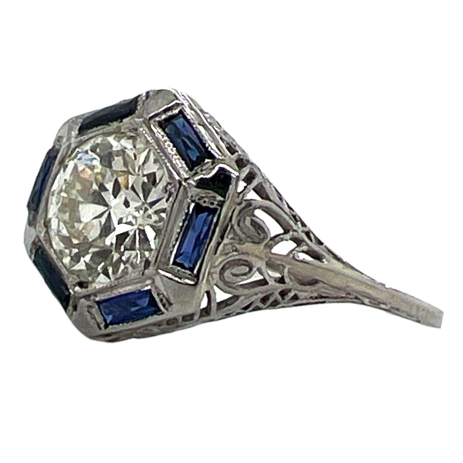 Women's Art Deco Old European Cut Diamond Sapphire 18K Gold Filigree Engagment Ring 