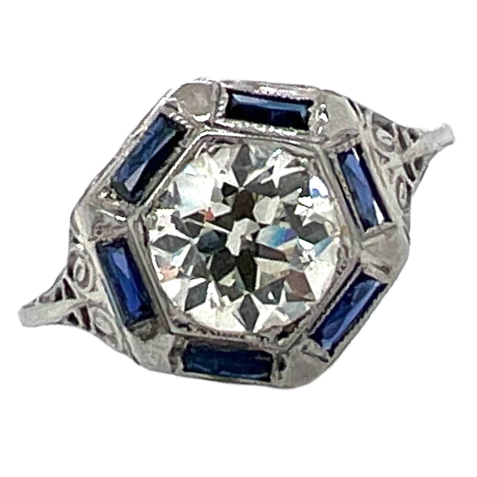 Art Deco Old European Cut Diamond Sapphire 18K Gold Filigree Engagment Ring  1