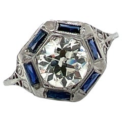 Art Deco Old European Cut Diamond Sapphire 18K Gold Filigree Engagment Ring 