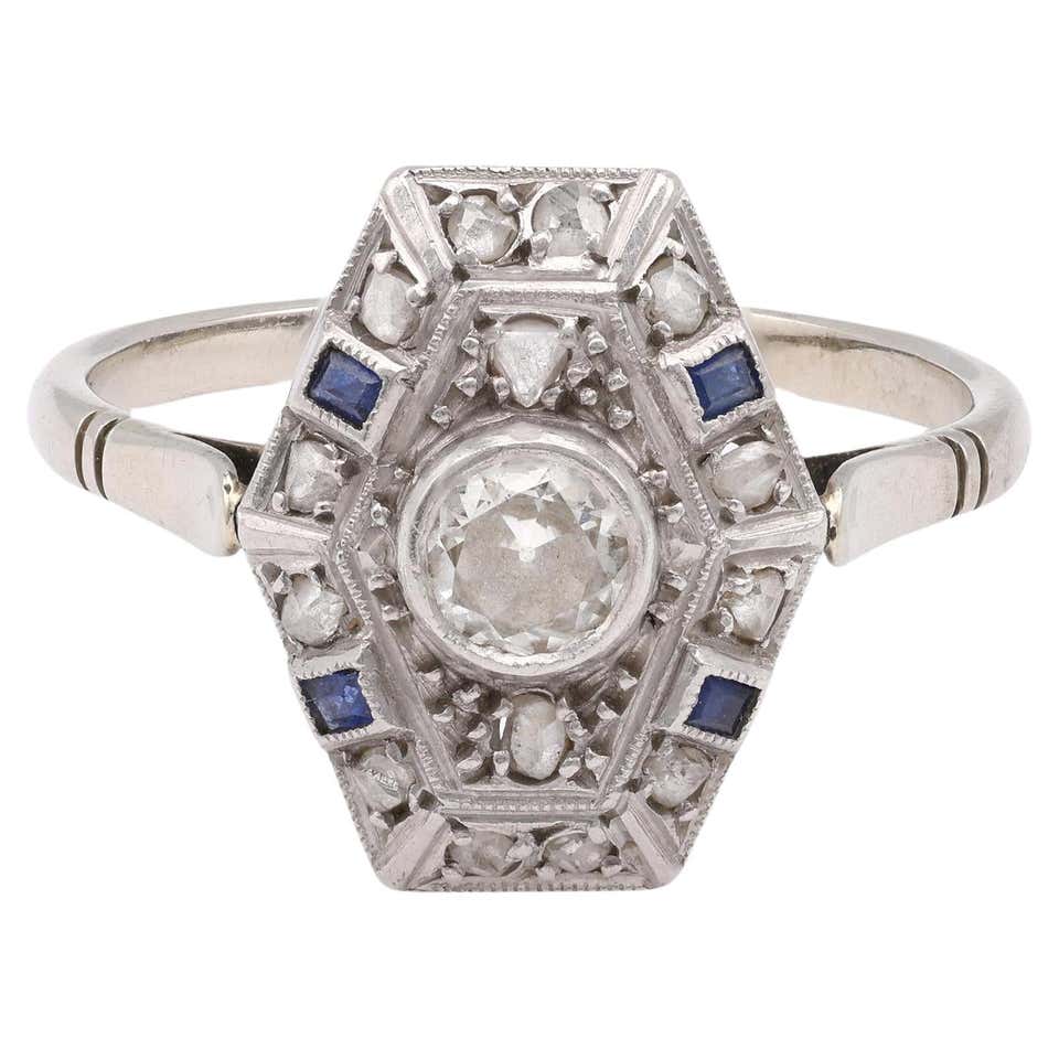Art Deco 18K Gold Old Cut Diamond Sapphire Target Ring at 1stDibs