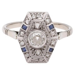 Art Deco Old European Cut Diamond Sapphire 18k White Gold Shield Ring