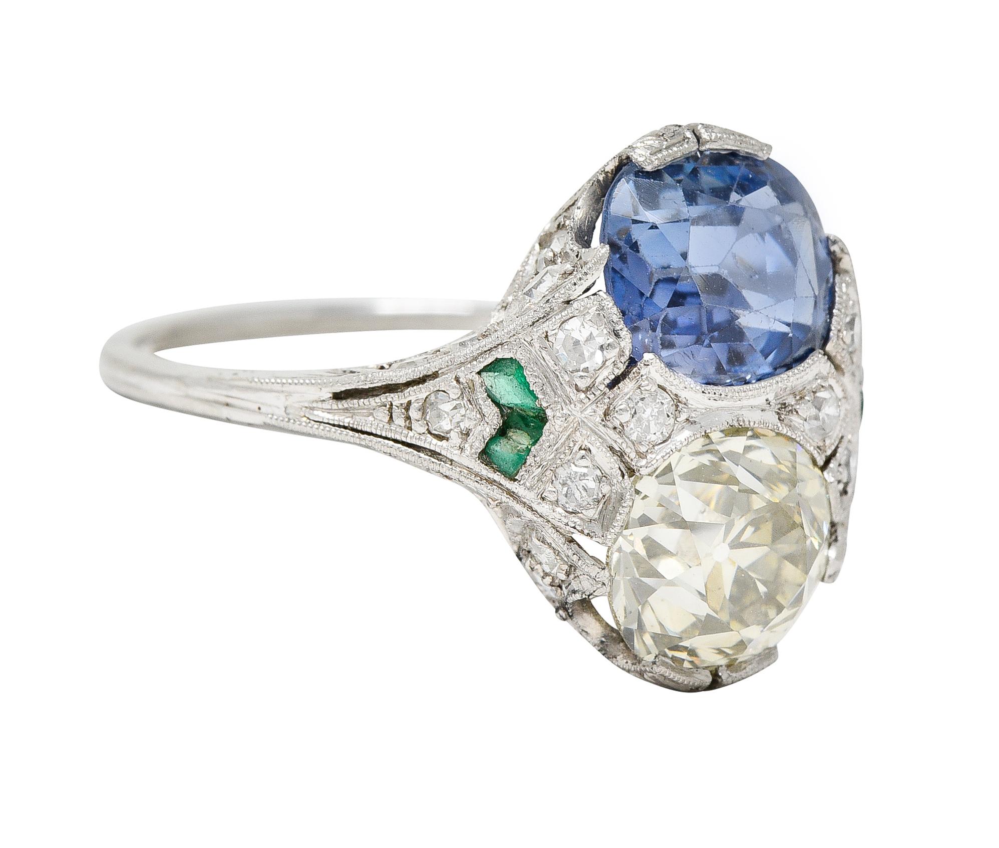 Featuring an old European cut diamond and a cushion cut sapphire set North to South toi-et-moi style
Sapphire weighs approximately 1.81 carats - transparent light violetish-blue in color
Diamond weighs 1.63 carats - Q to R in color with VS2