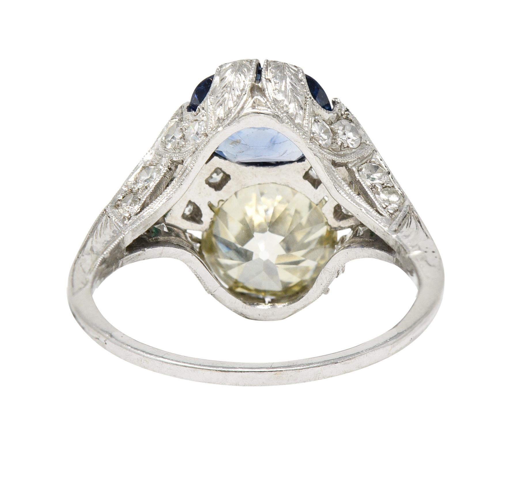 Women's Art Deco Old European Cut Diamond Sapphire Emerald Platinum Toi-Et-Moi Ring