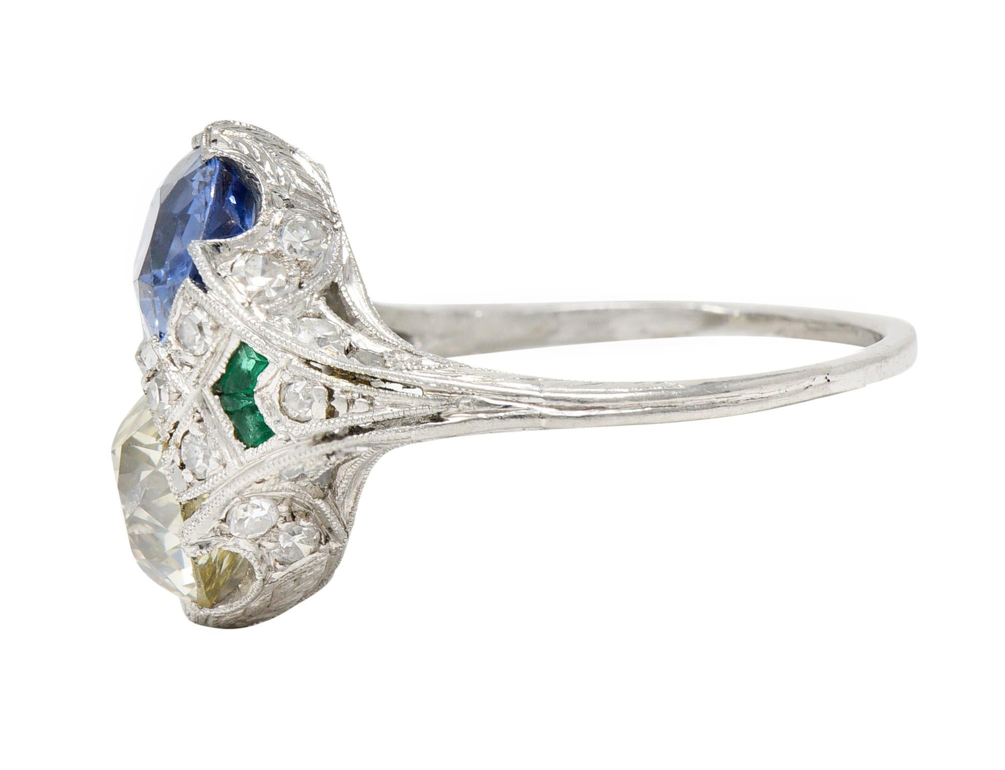 Art Deco Old European Cut Diamond Sapphire Emerald Platinum Toi-Et-Moi Ring 1