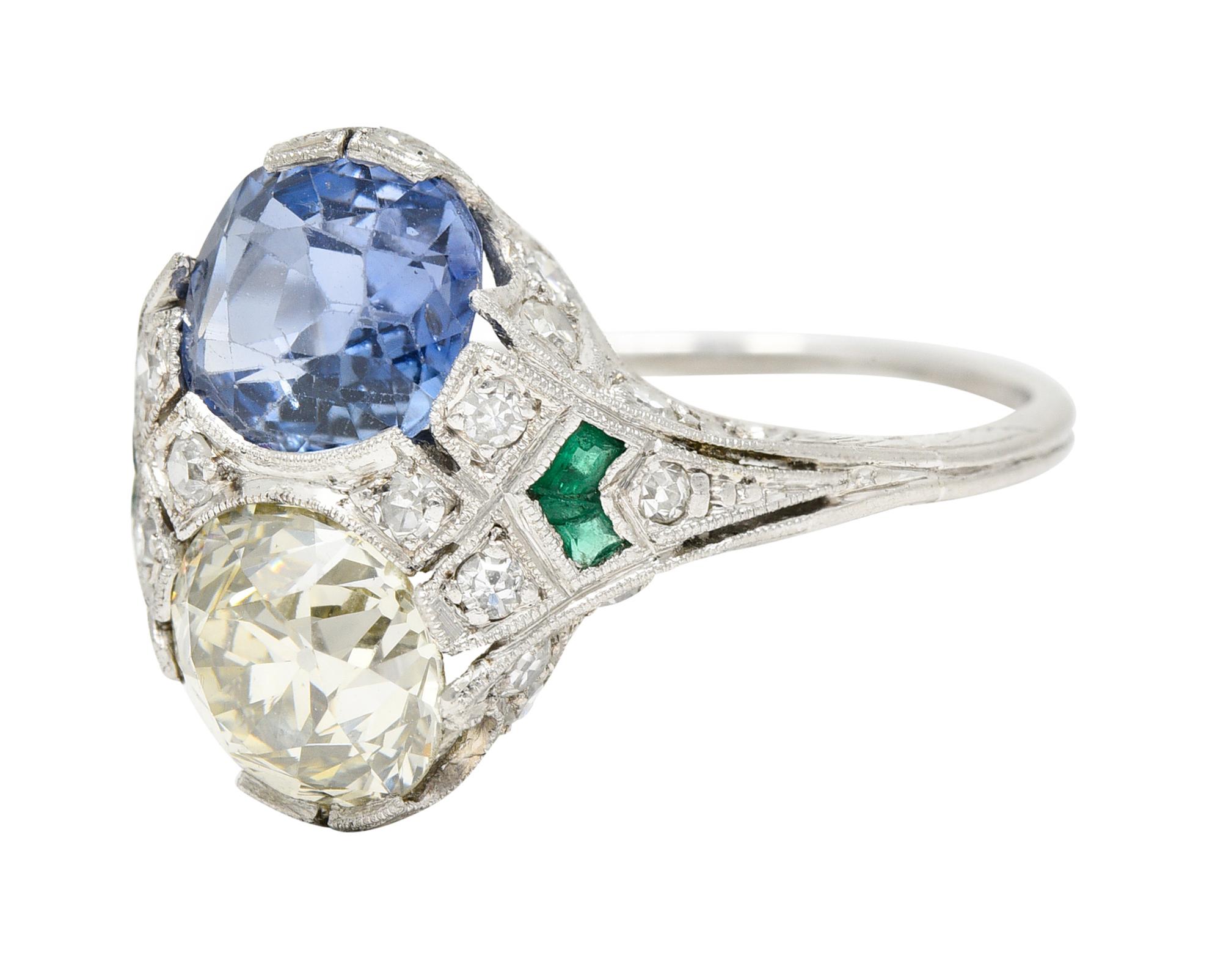 Art Deco Old European Cut Diamond Sapphire Emerald Platinum Toi-Et-Moi Ring 2