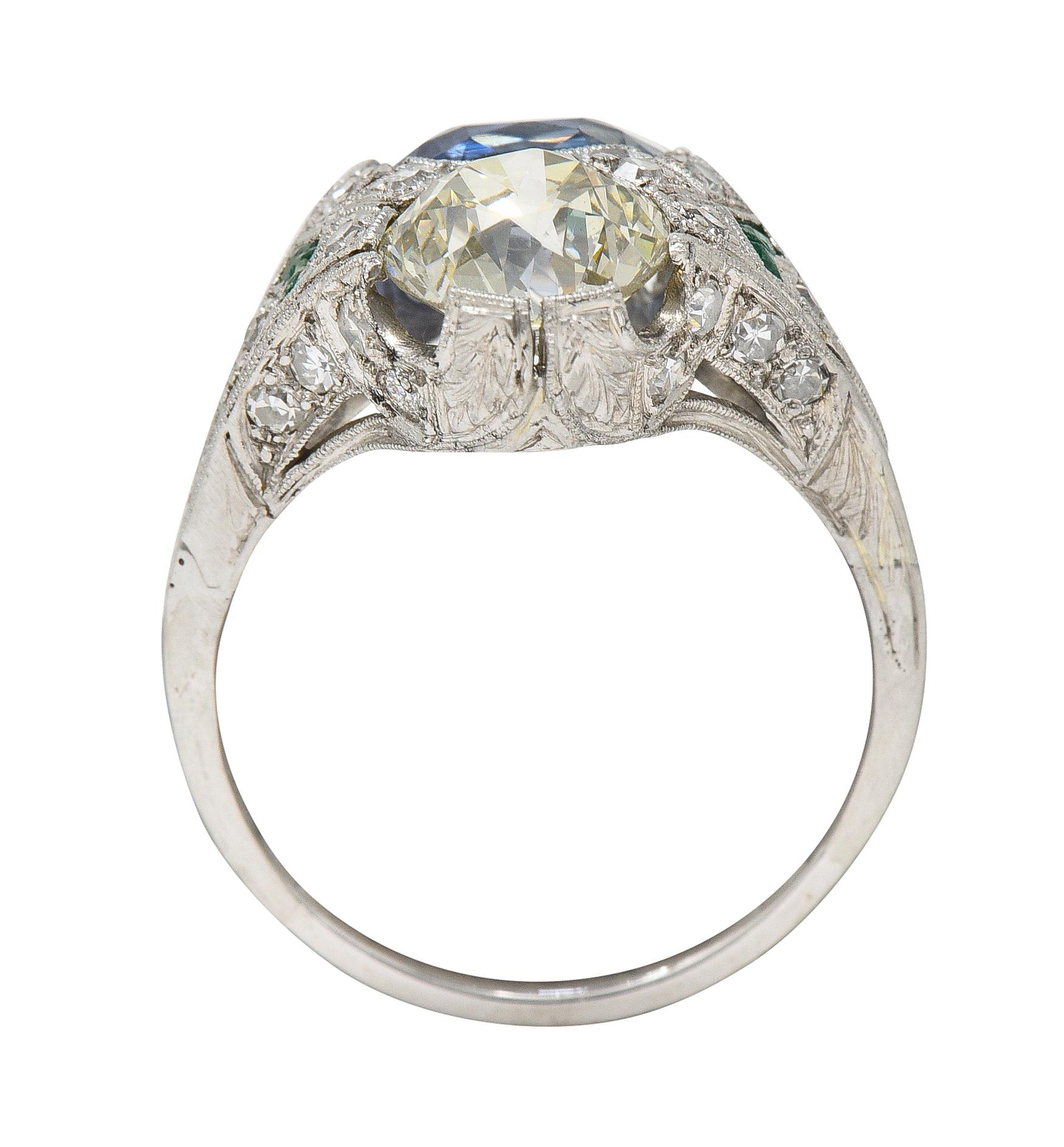 Art Deco Old European Cut Diamond Sapphire Emerald Platinum Toi-Et-Moi Ring 3