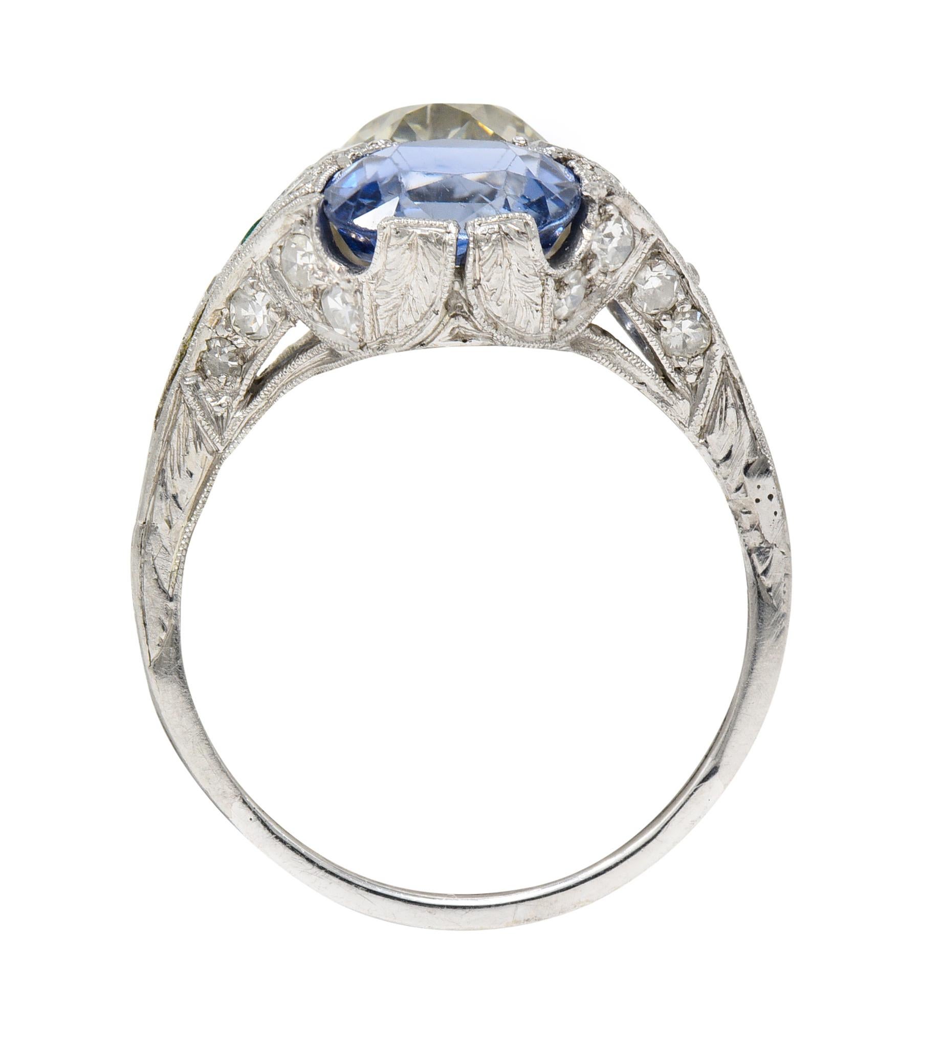 Art Deco Old European Cut Diamond Sapphire Emerald Platinum Toi-Et-Moi Ring 4